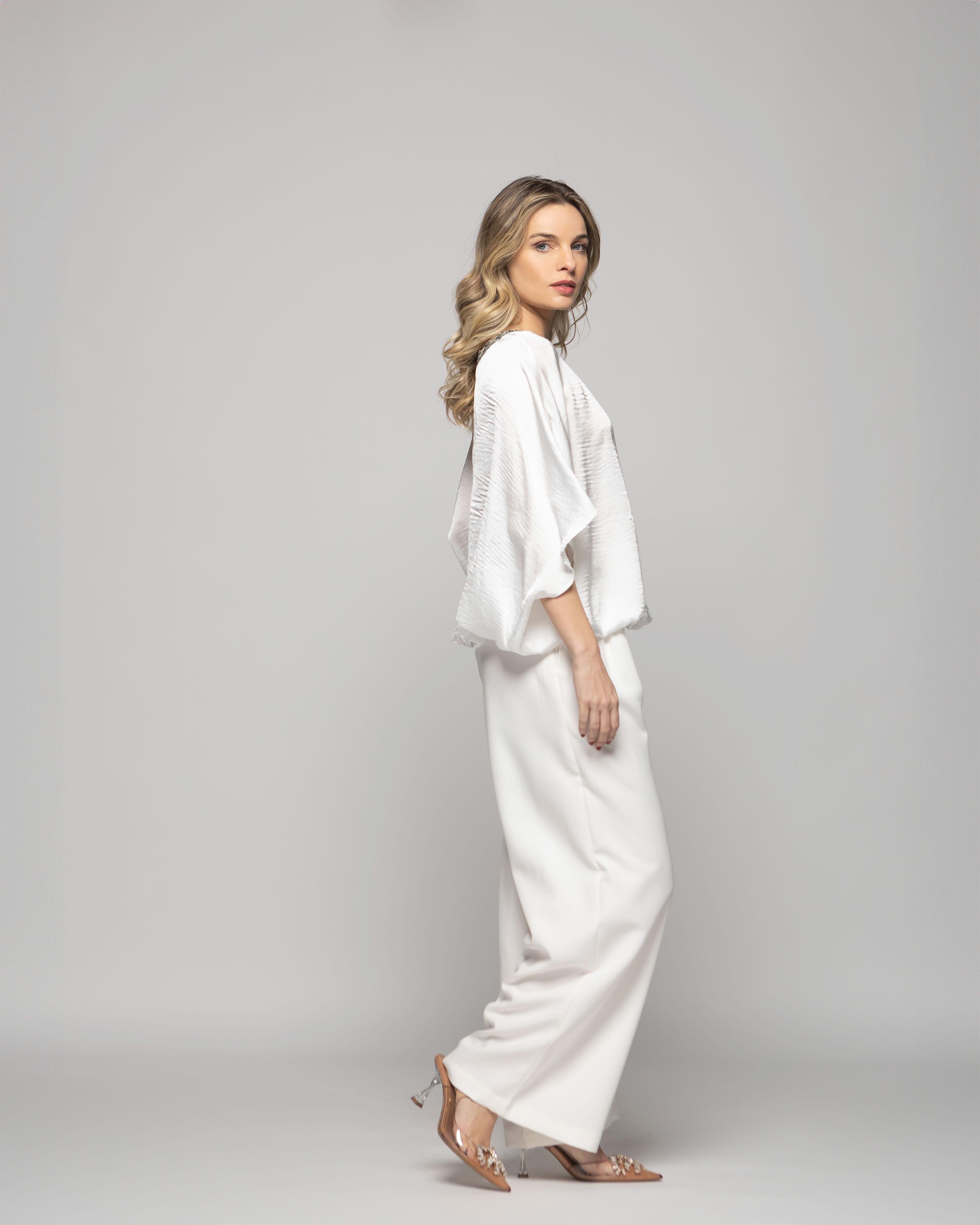 Blusa Mujer Girasol Satinada Detalle Lentejuelas Blanca Crudo Ludovica-5