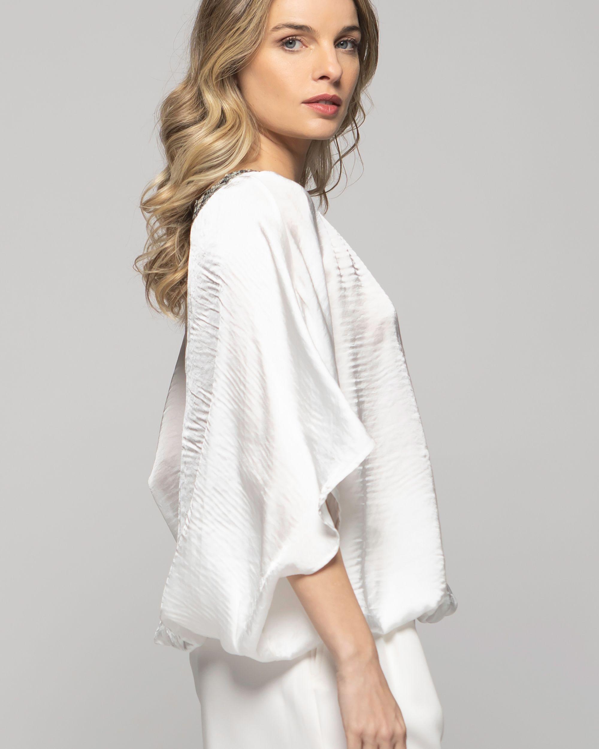 Blusa Mujer Girasol Satinada Detalle Lentejuelas Blanca Crudo Ludovica-7