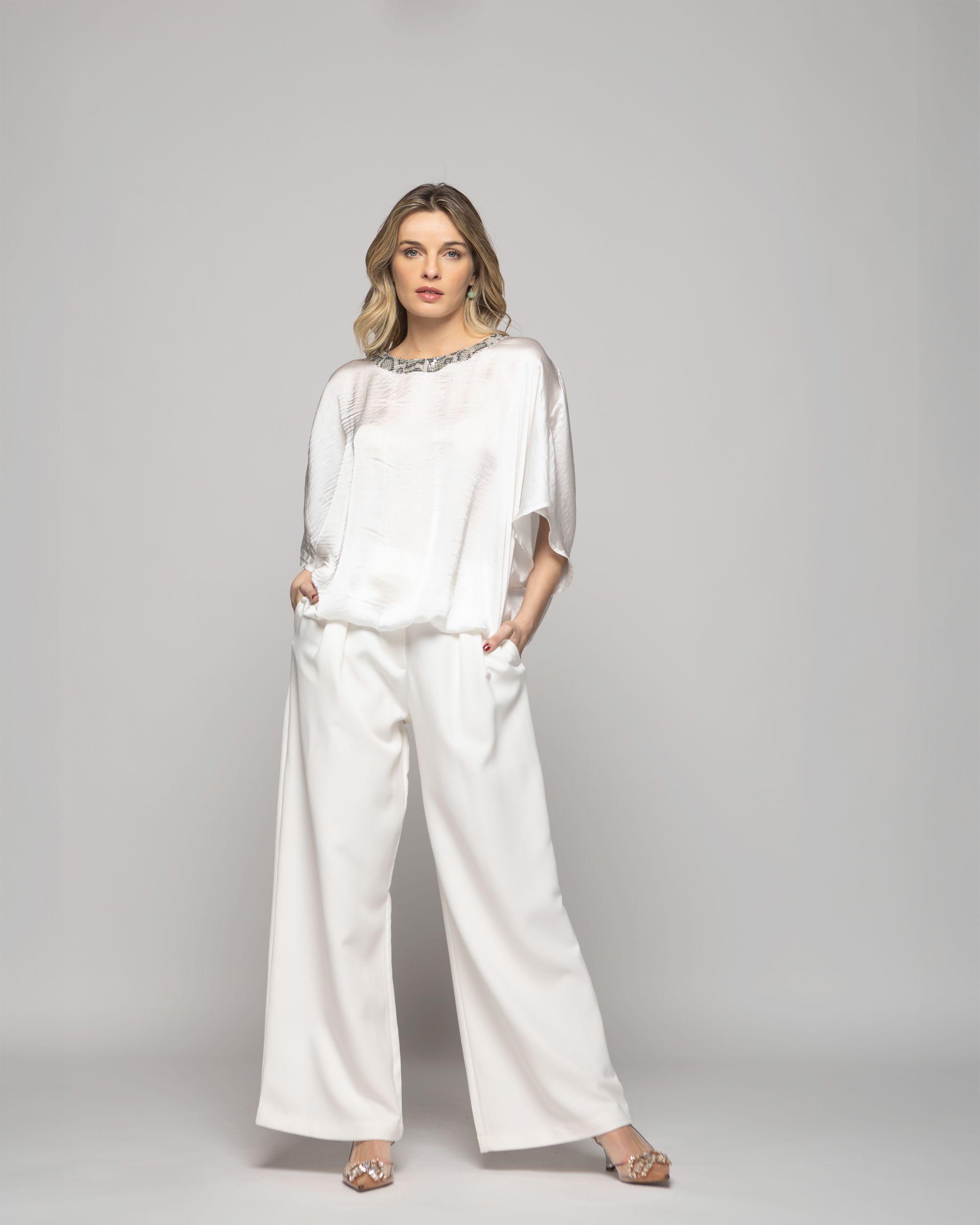 Blusa Mujer Girasol Satinada Detalle Lentejuelas Blanca Crudo Ludovica-9