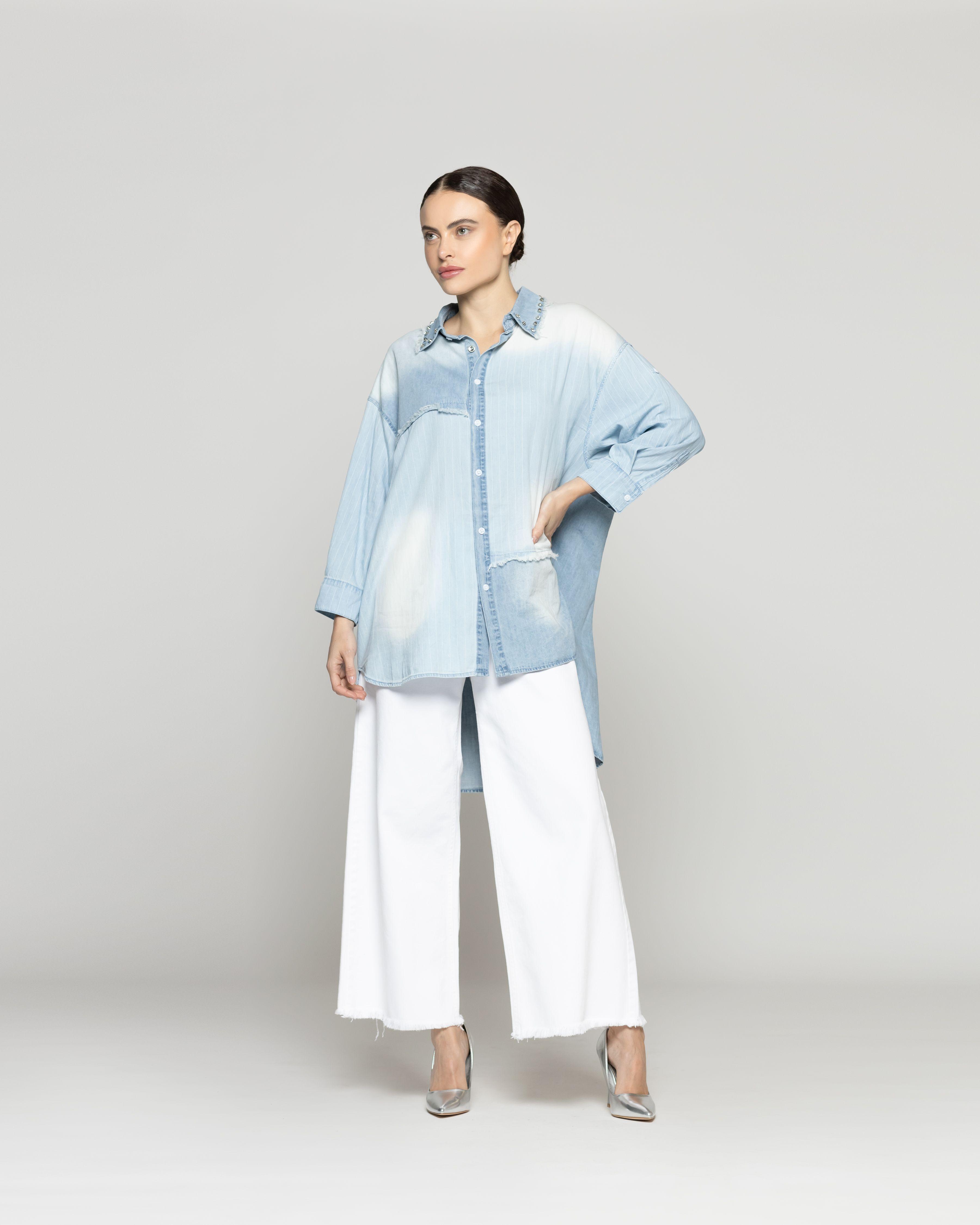 Camisa Mujer Lara Jeans Con Tachas Celeste Lineatre-4