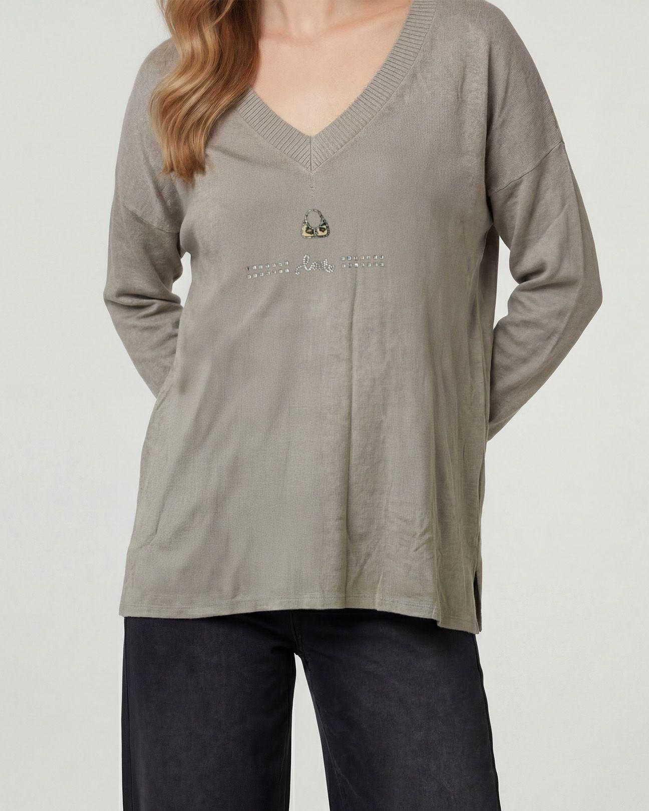 Sweater Mujer Olivia Relaxed Cuello En V Manga Caída Fango Lineatre-2