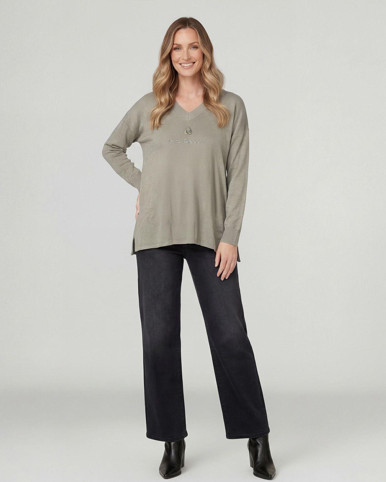 Sweater Mujer Olivia Relaxed Cuello En V Manga Caída Fango Lineatre-3