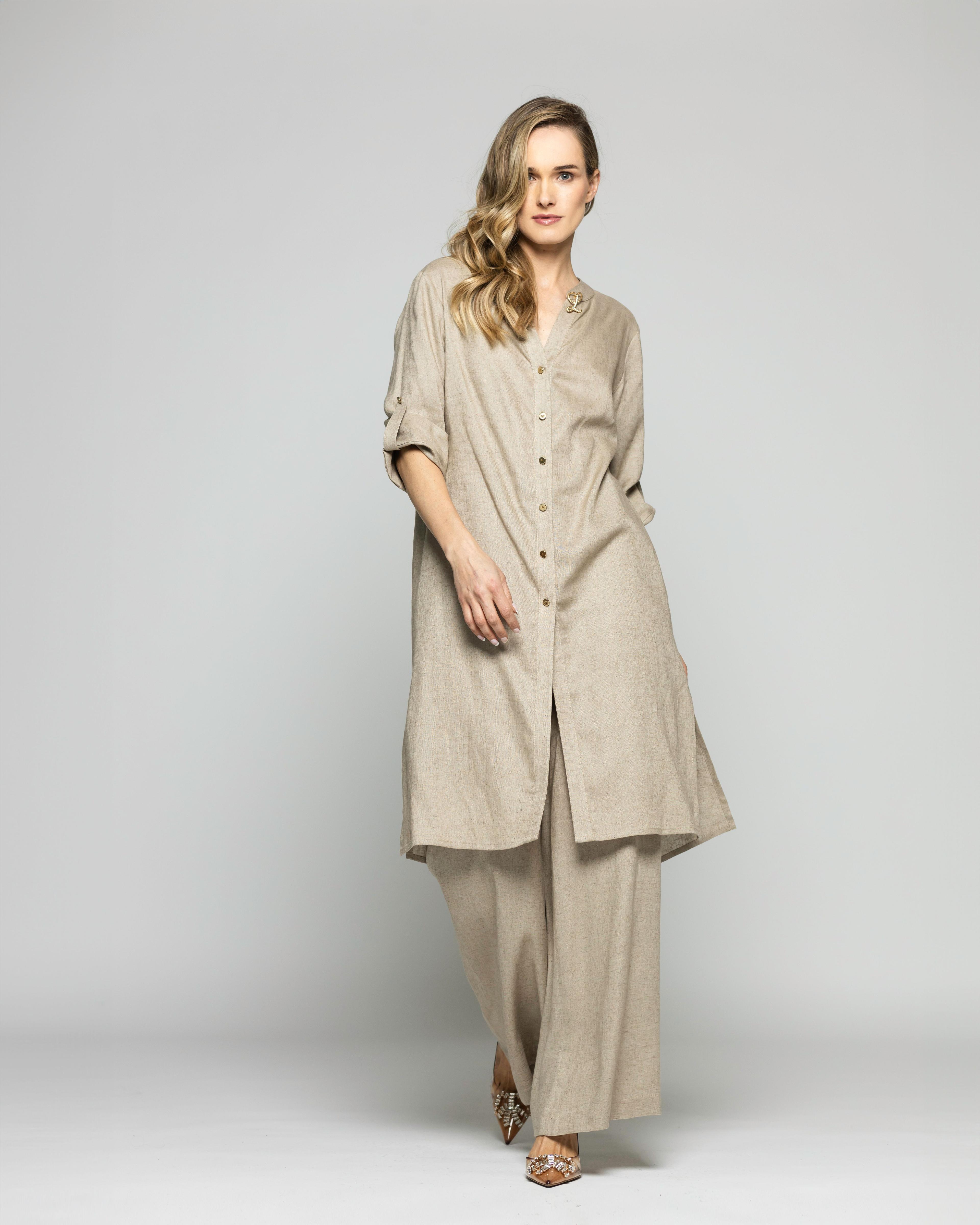 Túnica Vestido Mujer Vinca Camisero Cuello Mao Manga 3/4 Beige Ludovica-0