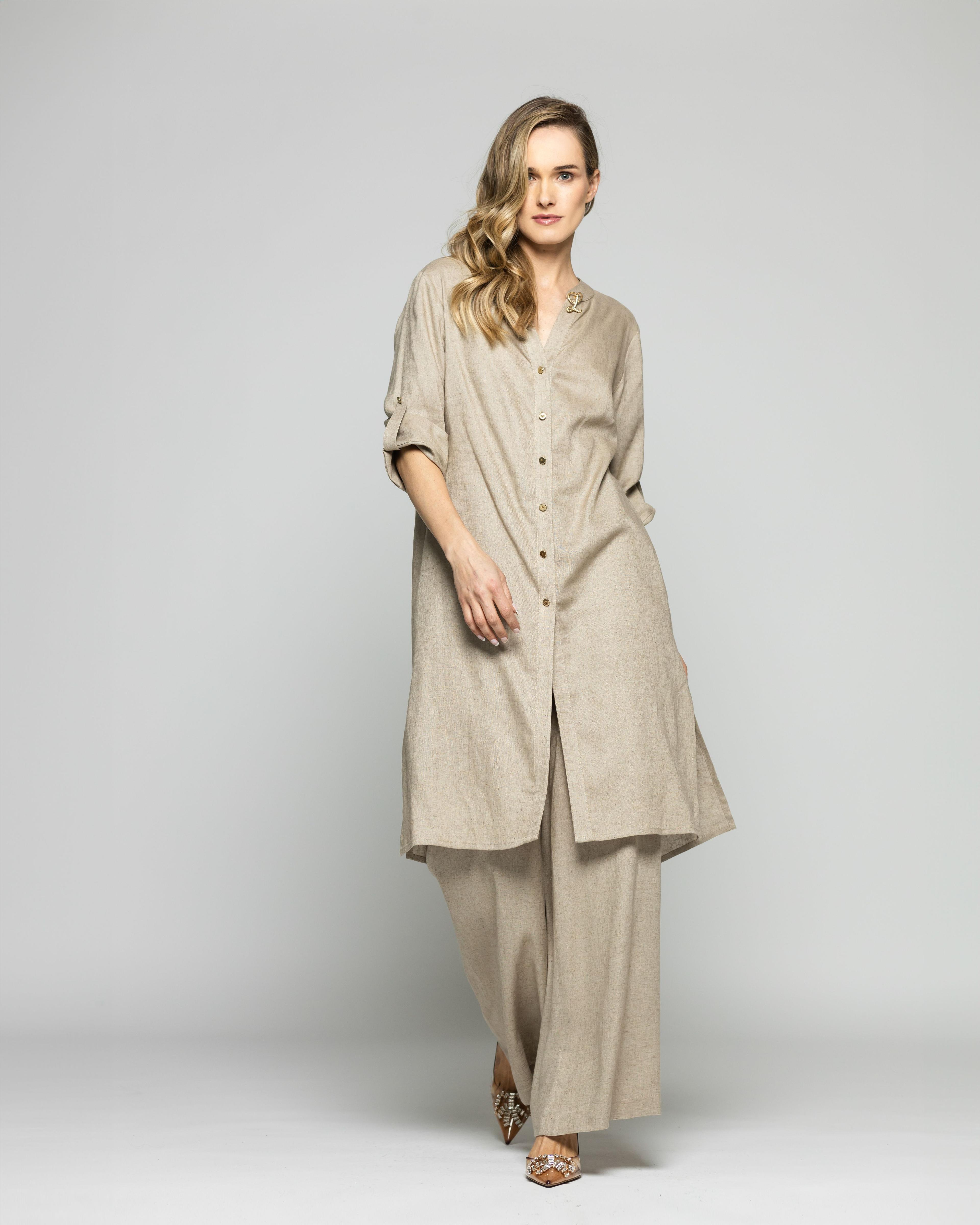 Túnica Vestido Mujer Vinca Camisero Cuello Mao Manga 3/4 Beige Ludovica-1