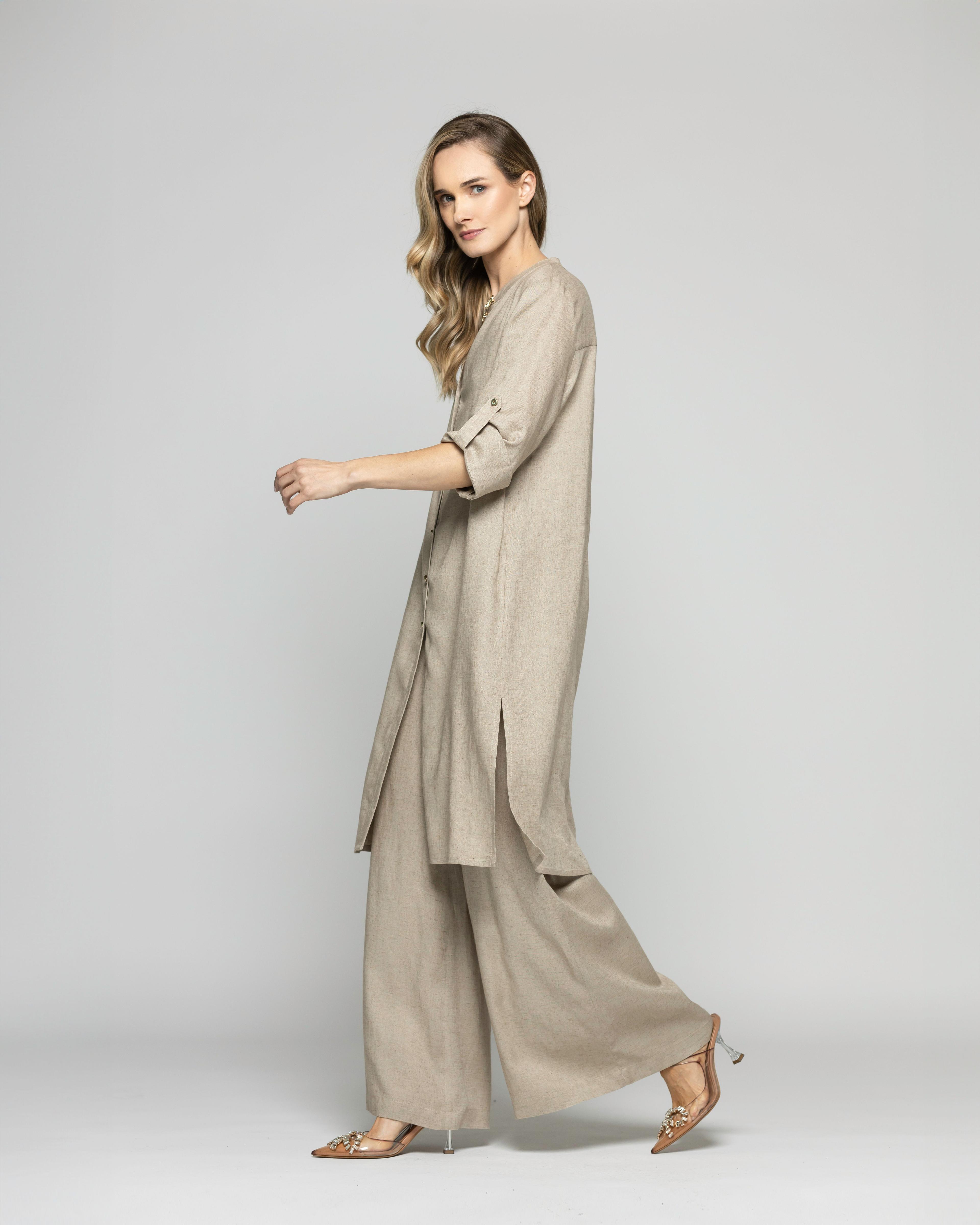 Túnica Vestido Mujer Vinca Camisero Cuello Mao Manga 3/4 Beige Ludovica-2