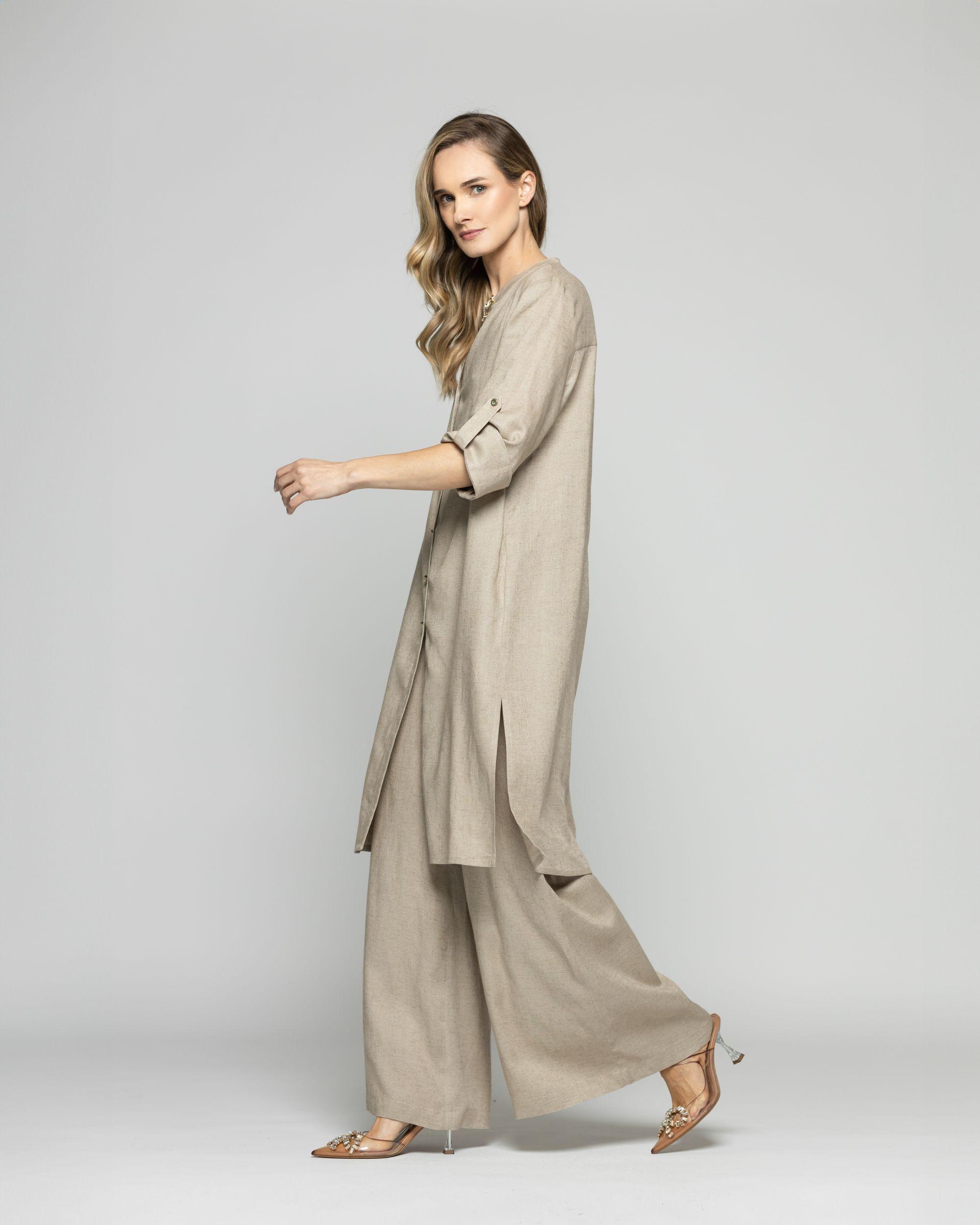 Túnica Vestido Mujer Vinca Camisero Cuello Mao Manga 3/4 Beige Ludovica-2