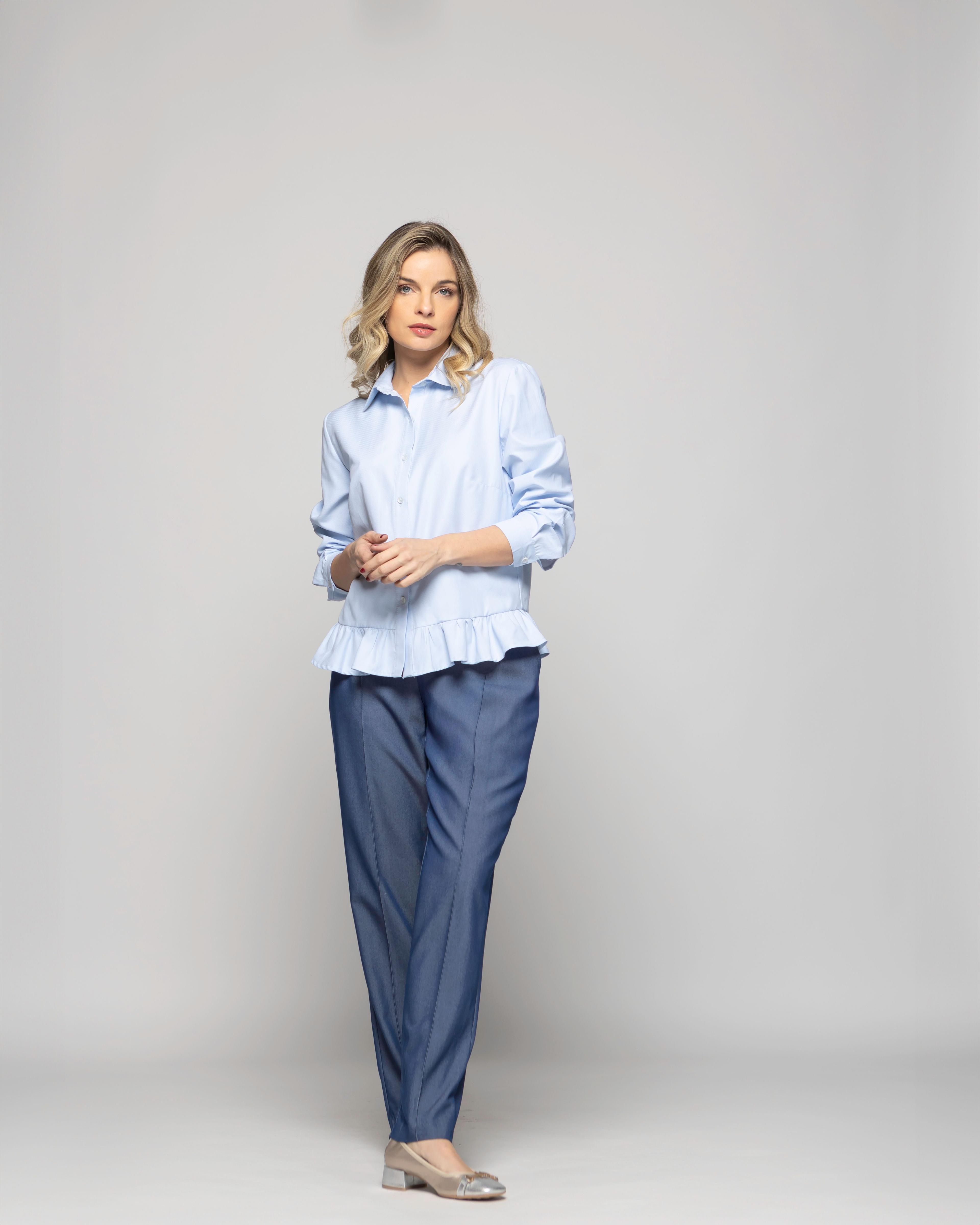 Blusa Mujer Cala Camisera Lisa Con Volante En Basta Celeste Ludovica-0