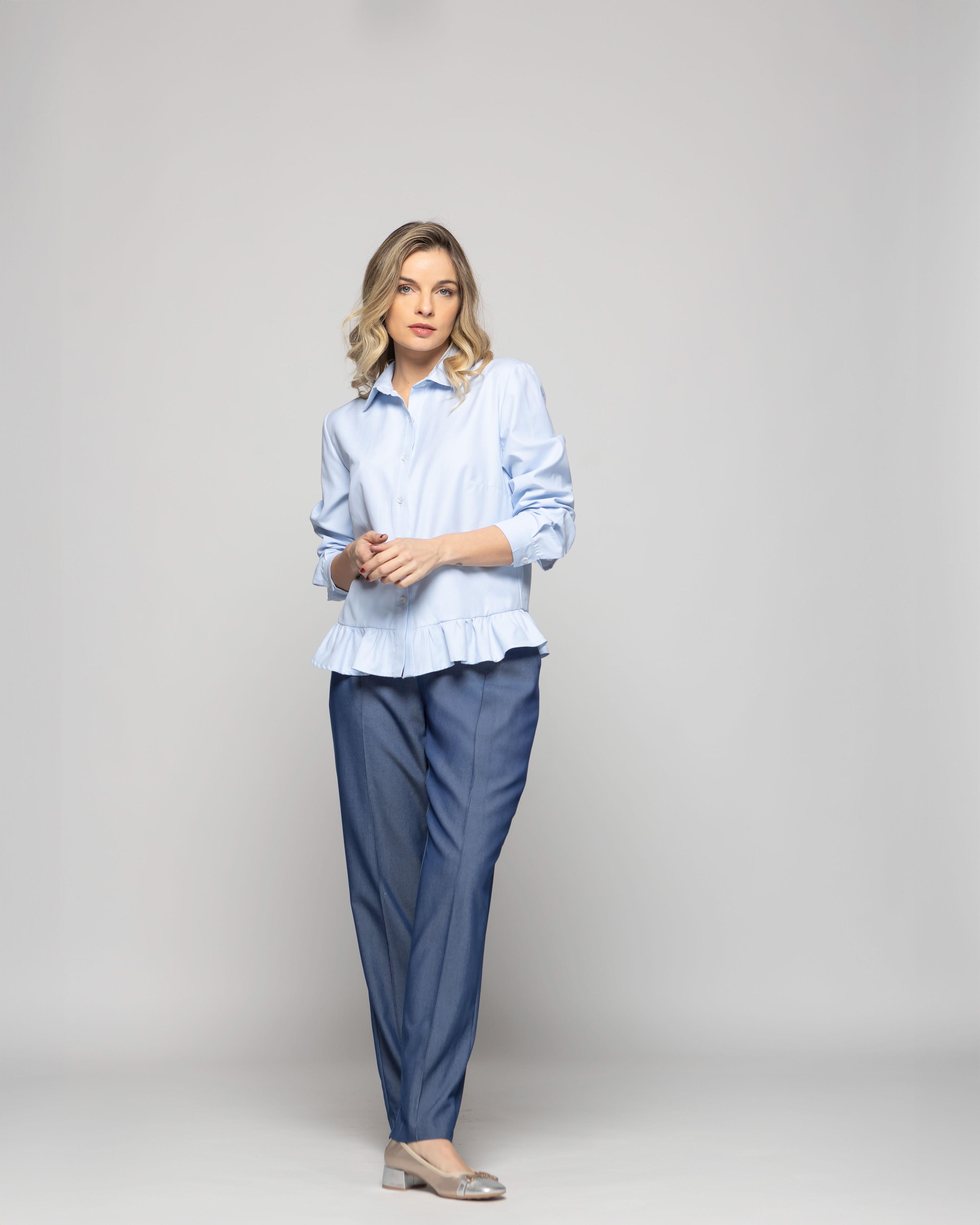 Blusa Mujer Cala Camisera Lisa Con Volante En Basta Celeste Ludovica-1