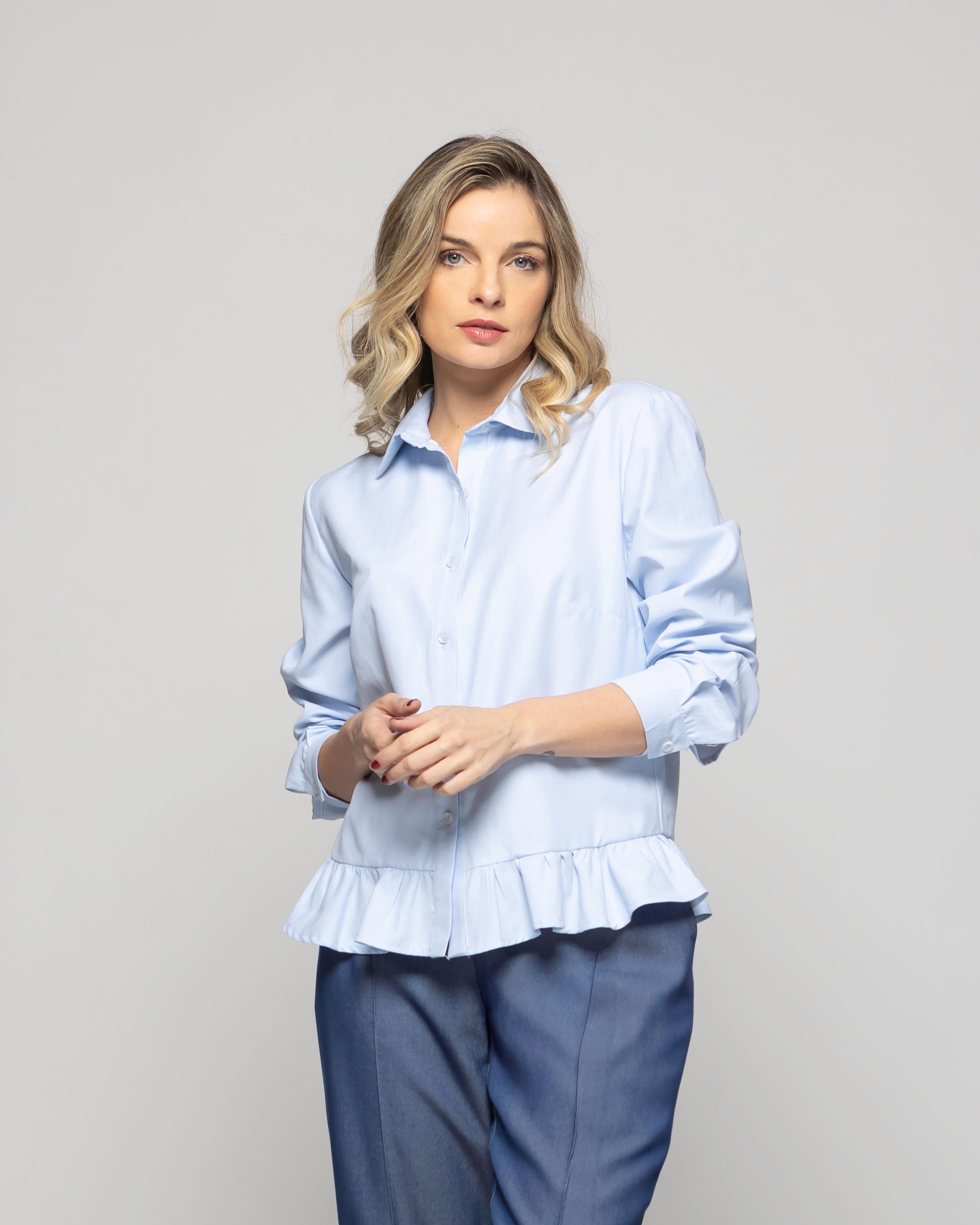 Blusa Mujer Cala Camisera Lisa Con Volante En Basta Celeste Ludovica-2