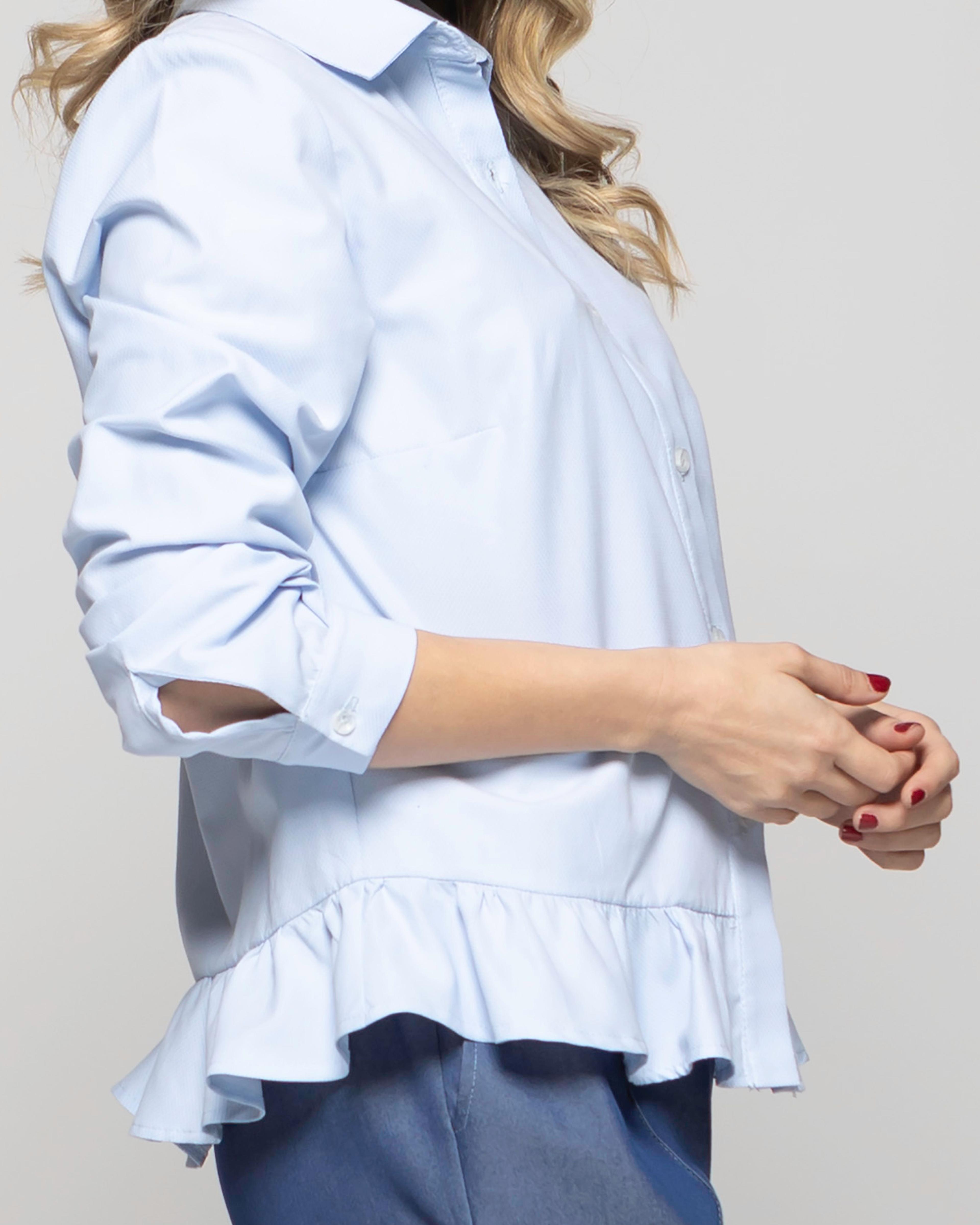 Blusa Mujer Cala Camisera Lisa Con Volante En Basta Celeste Ludovica-8
