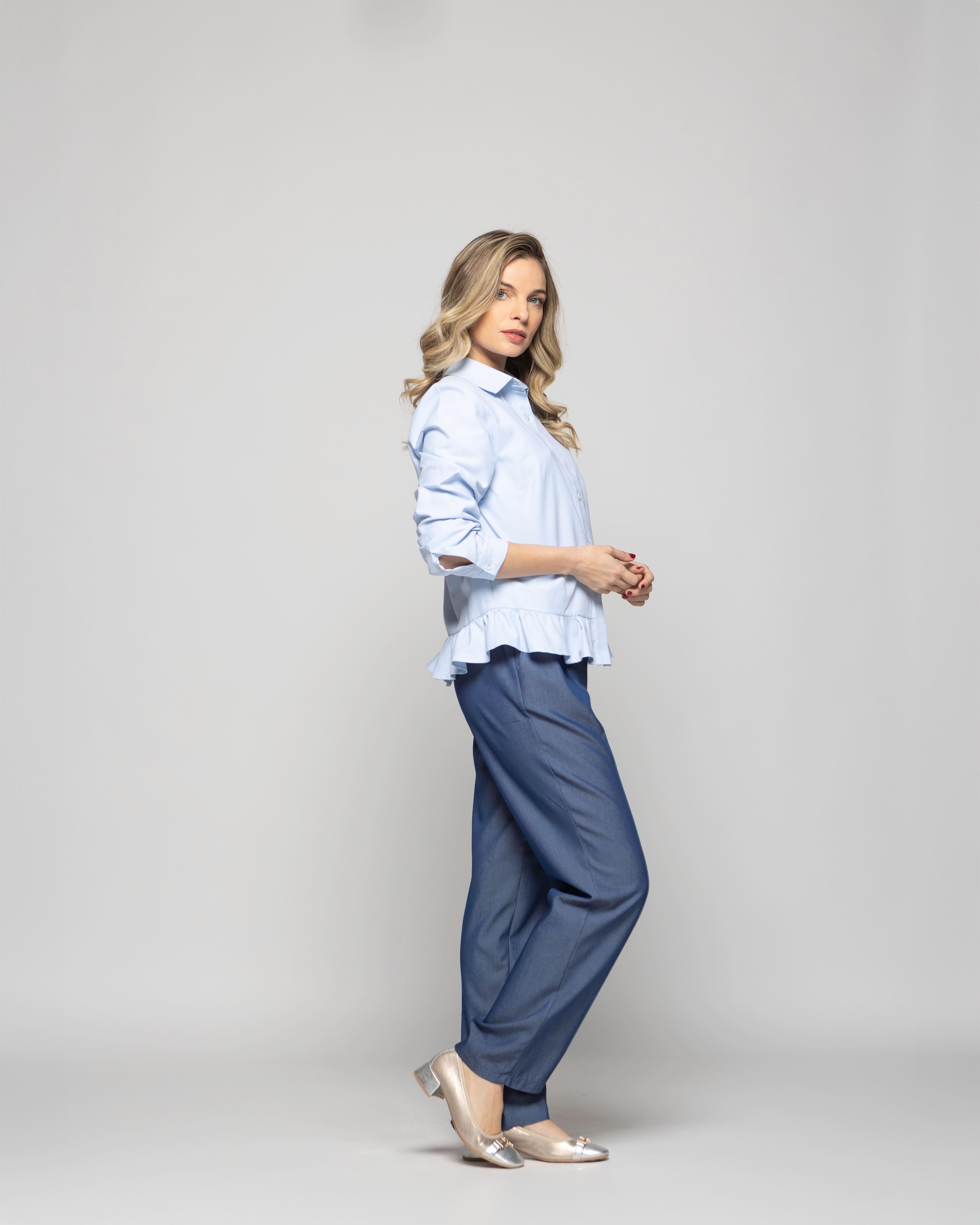 Blusa Mujer Cala Camisera Lisa Con Volante En Basta Celeste Ludovica-4