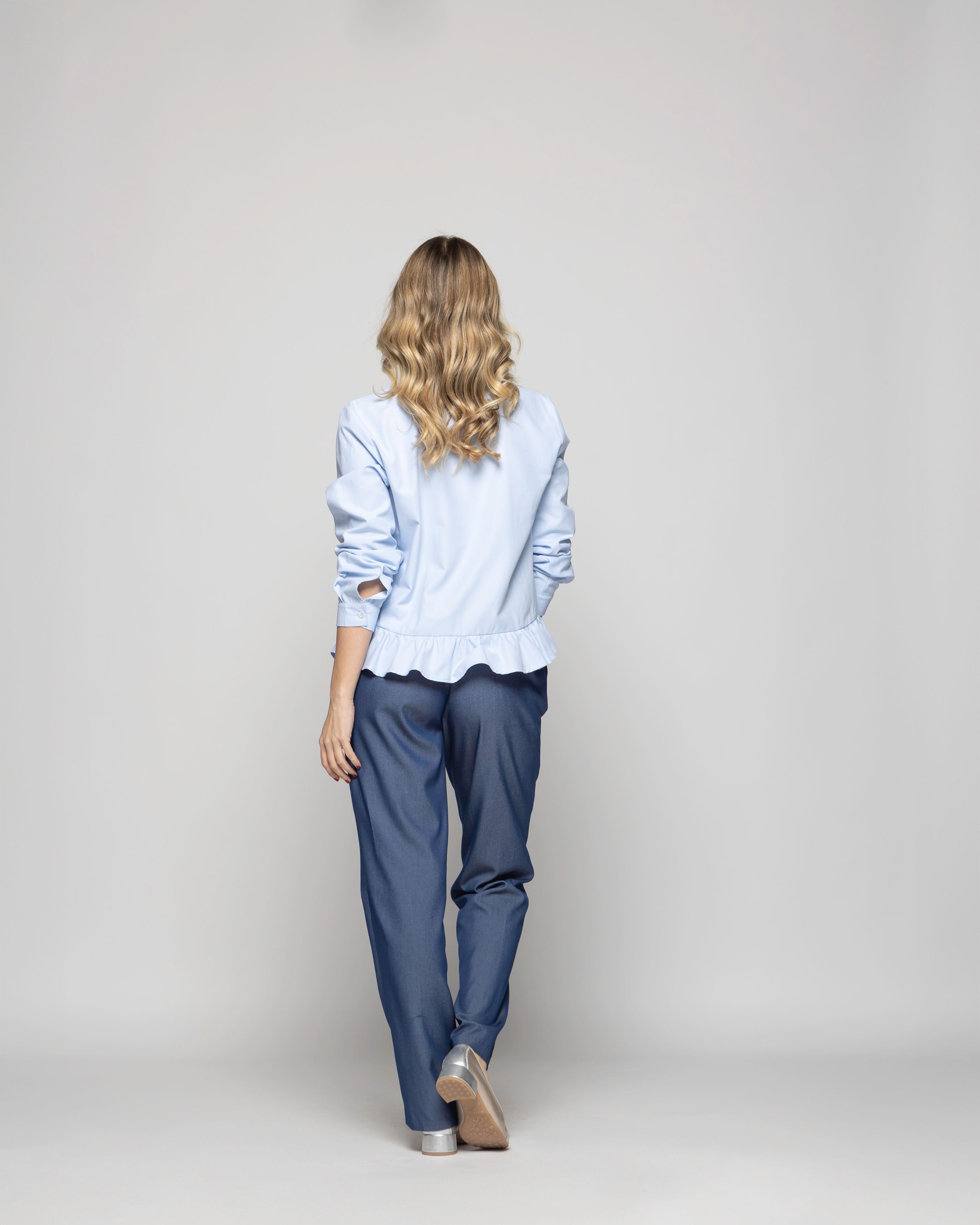 Blusa Mujer Cala Camisera Lisa Con Volante En Basta Celeste Ludovica-6