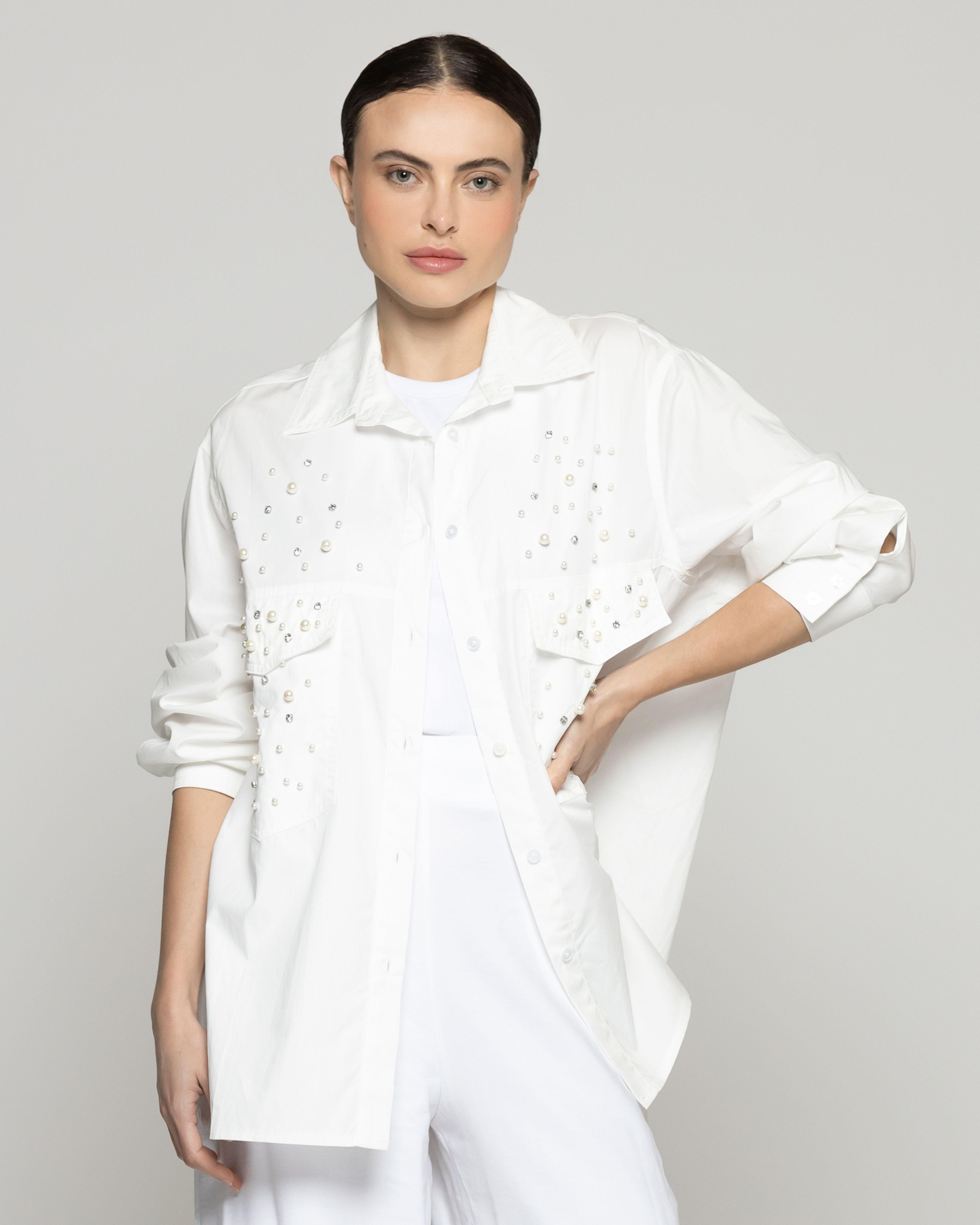 Blusa Mujer Benedetta Con Aplicacines De Perlas Y Brillos Blanca Lineatre-0