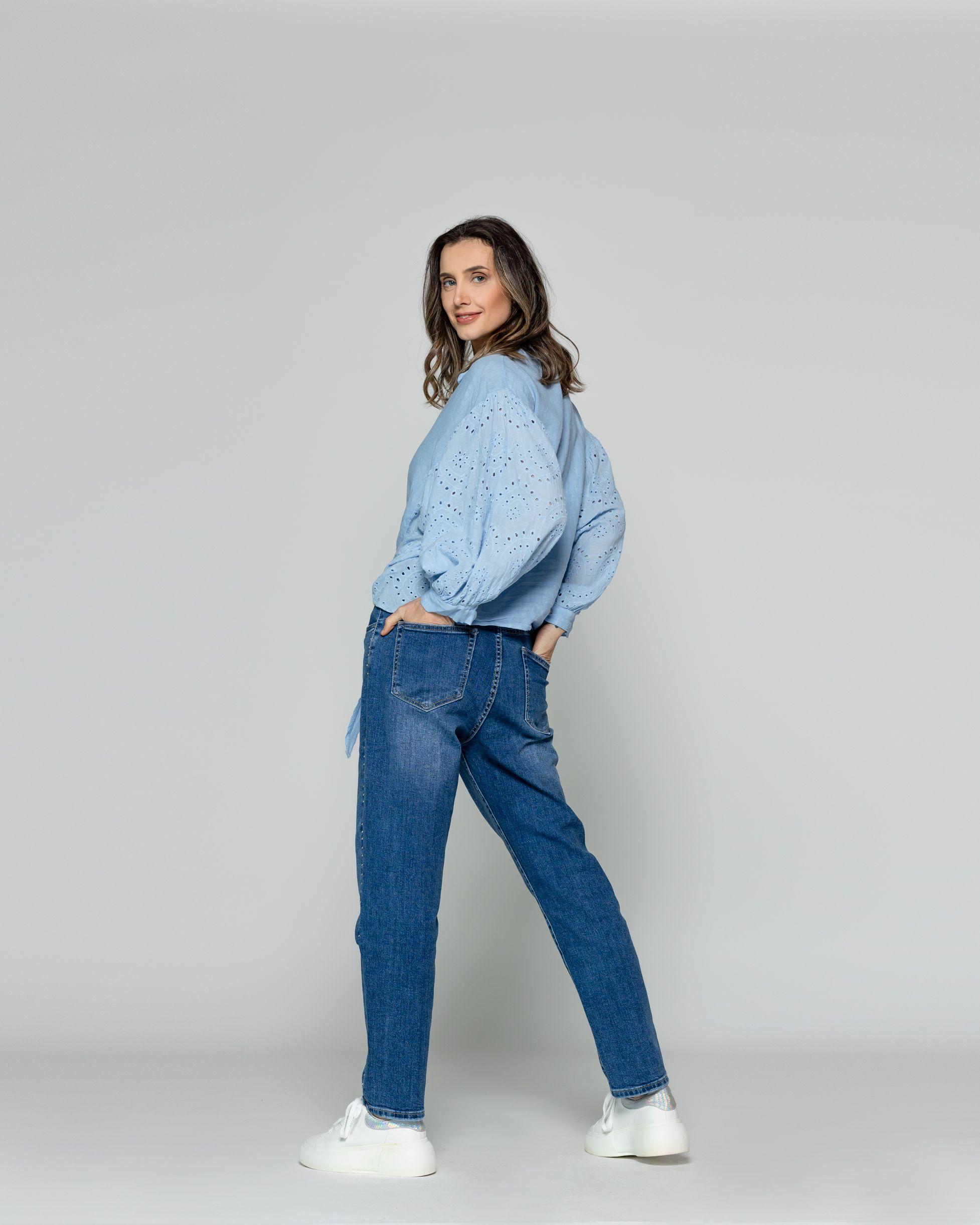 Blusa Mujer Benilda Lino Con Broderie Ajustable En La Cintura Celeste Lineatre-2