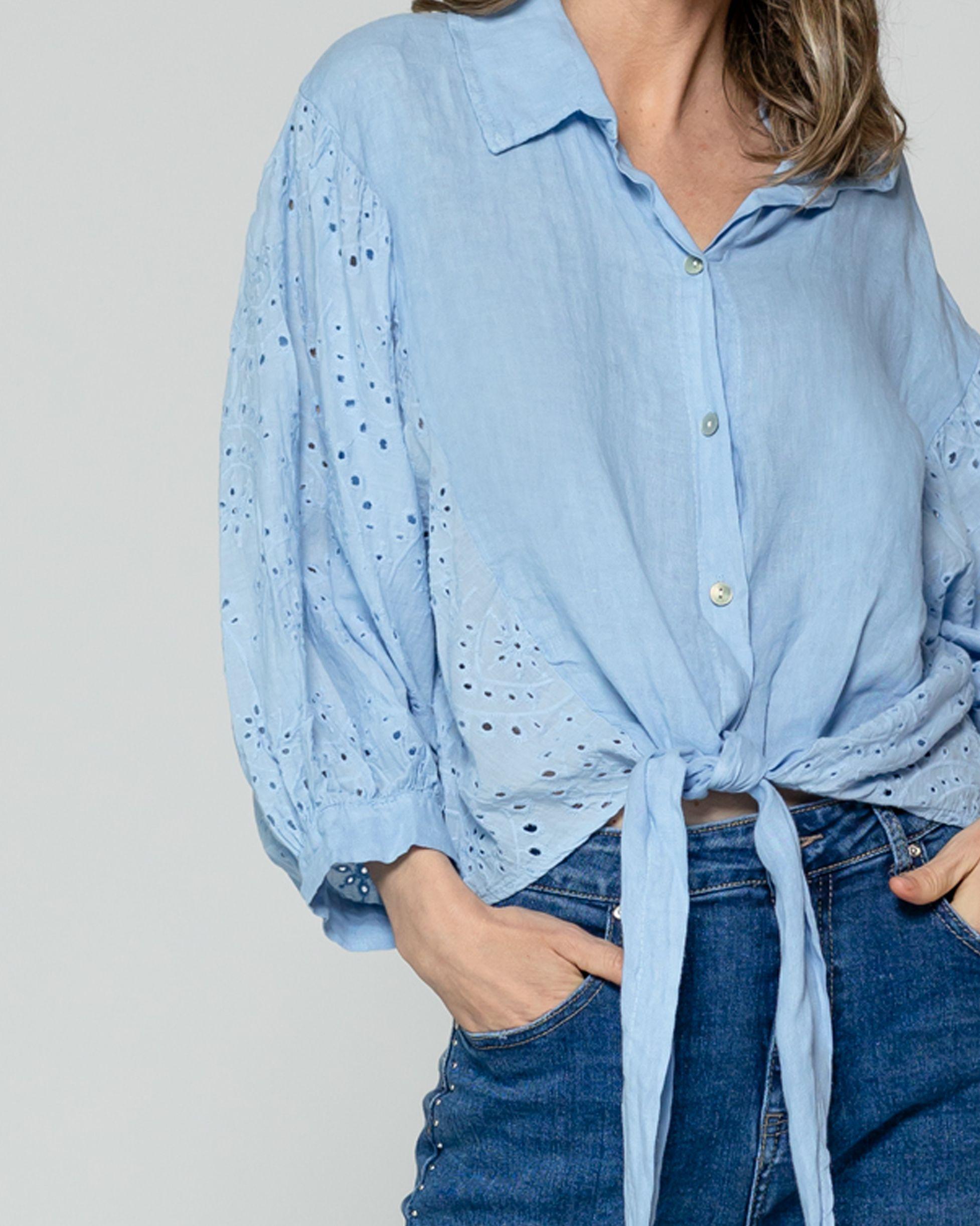 Blusa Mujer Benilda Lino Con Broderie Ajustable En La Cintura Celeste Lineatre-3