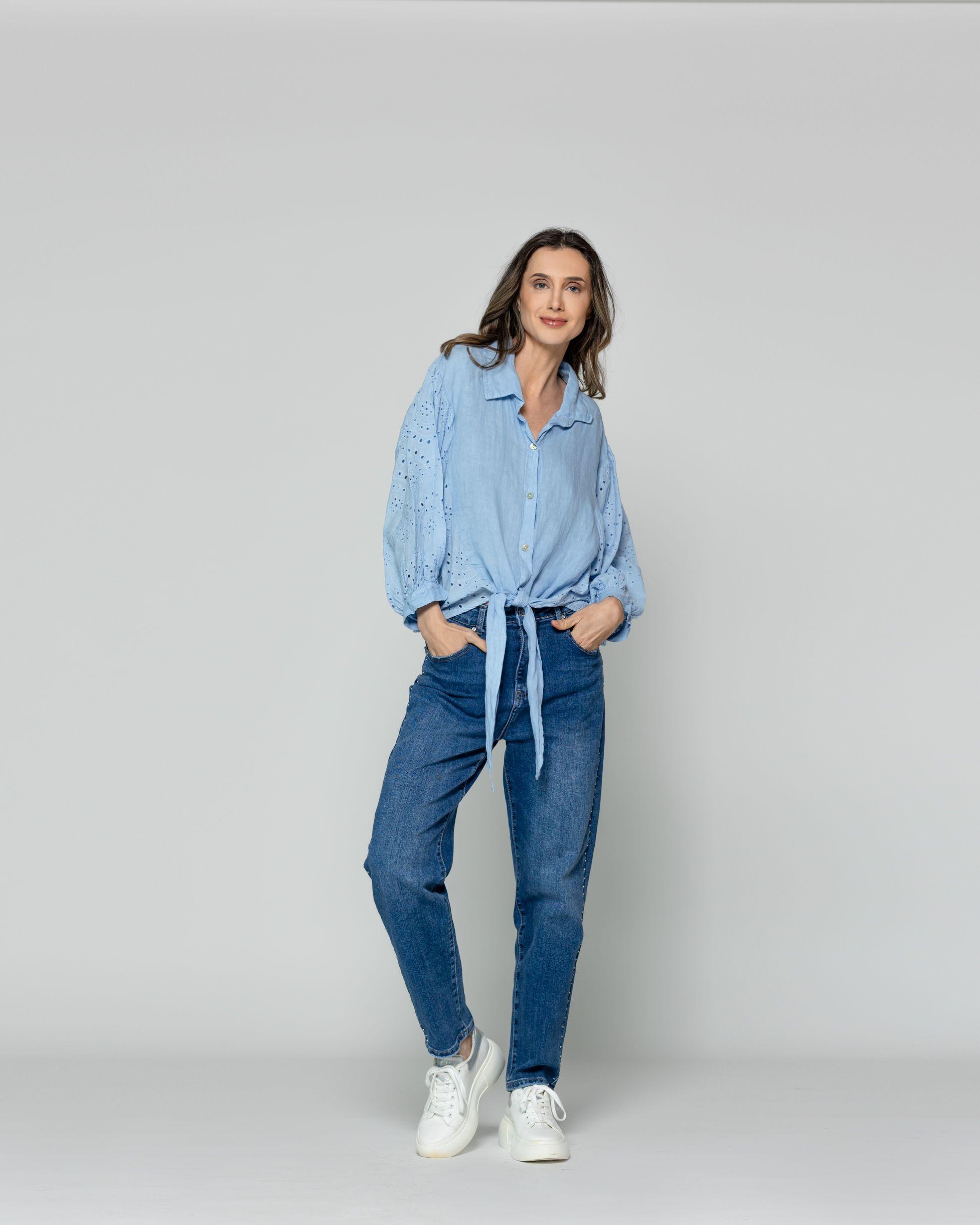 Blusa Mujer Benilda Lino Con Broderie Ajustable En La Cintura Celeste Lineatre-4
