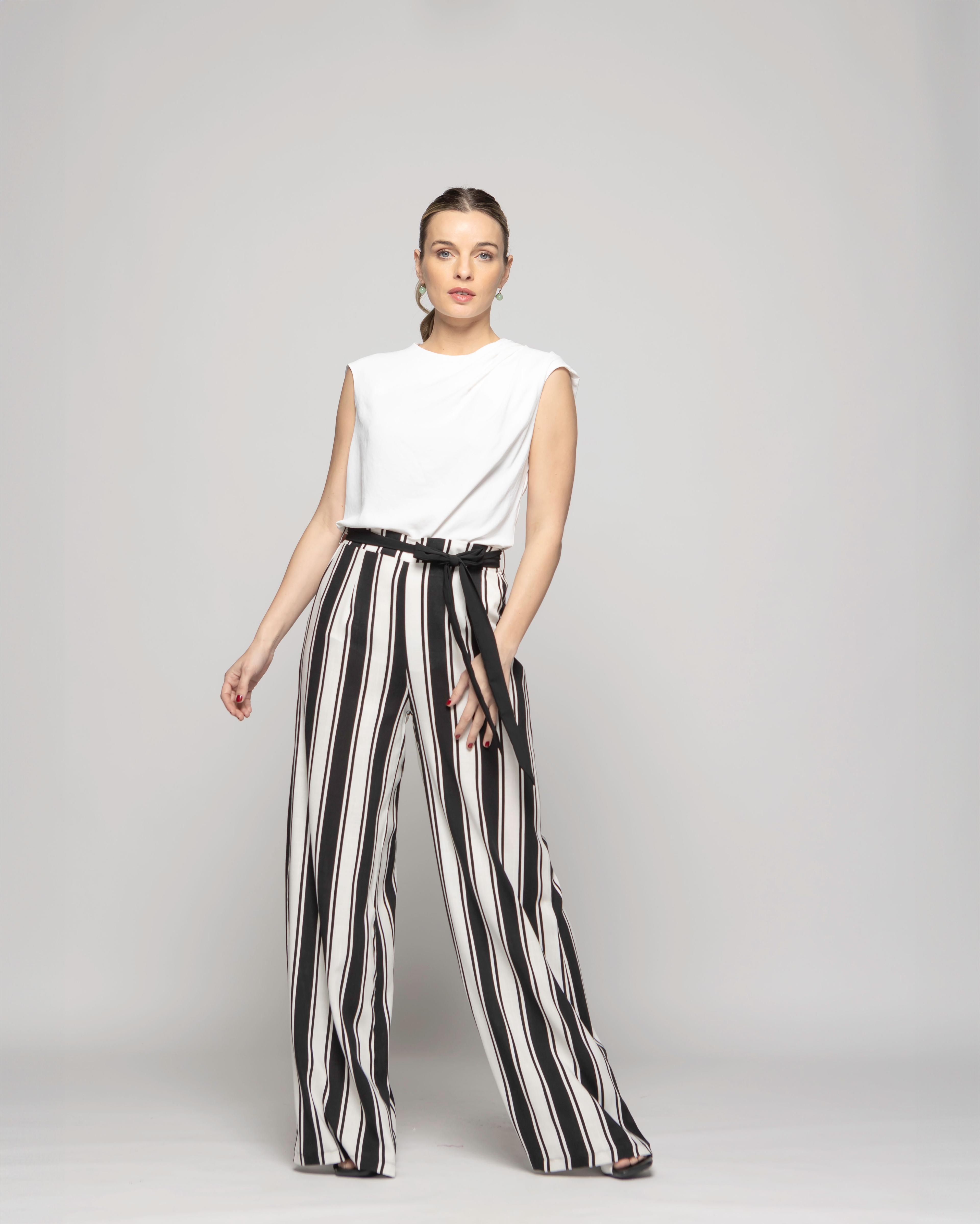Pantalón Mujer Senecio Palazzo Viscosa Con Lazo Rayas Blanco Y Negro Ludovica-0