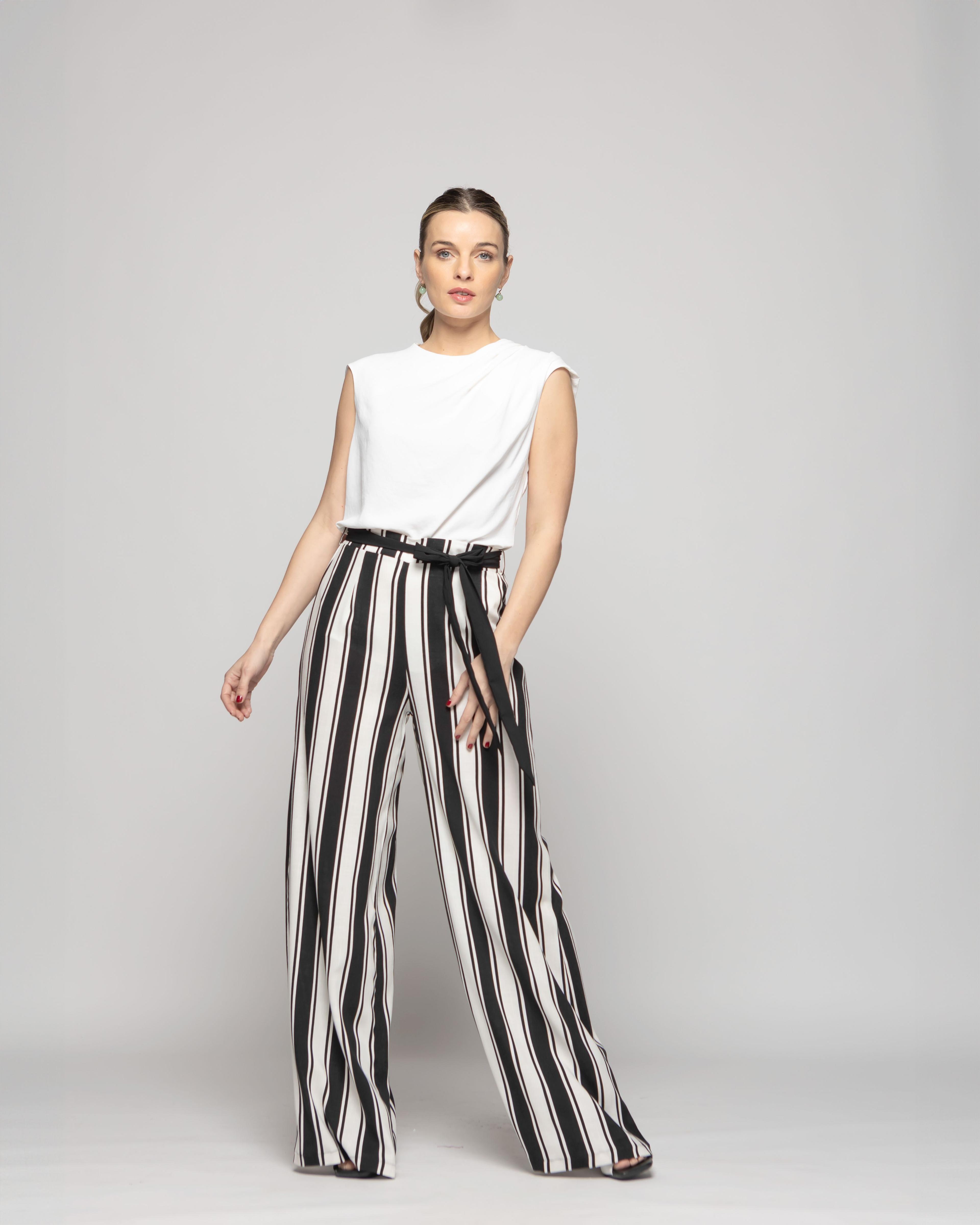Pantalón Mujer Senecio Palazzo Viscosa Con Lazo Rayas Blanco Y Negro Ludovica-1