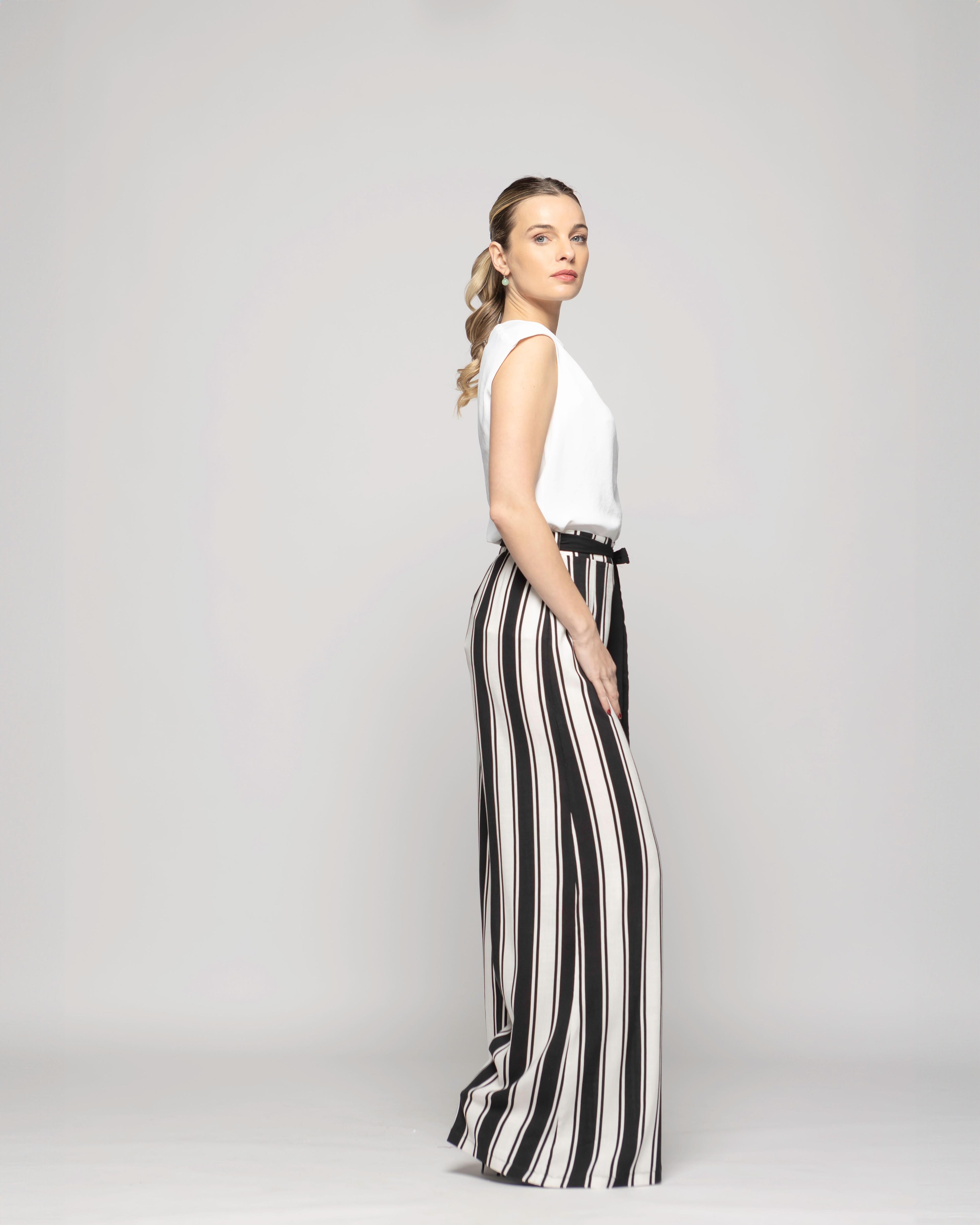 Pantalón Mujer Senecio Palazzo Viscosa Con Lazo Rayas Blanco Y Negro Ludovica-4