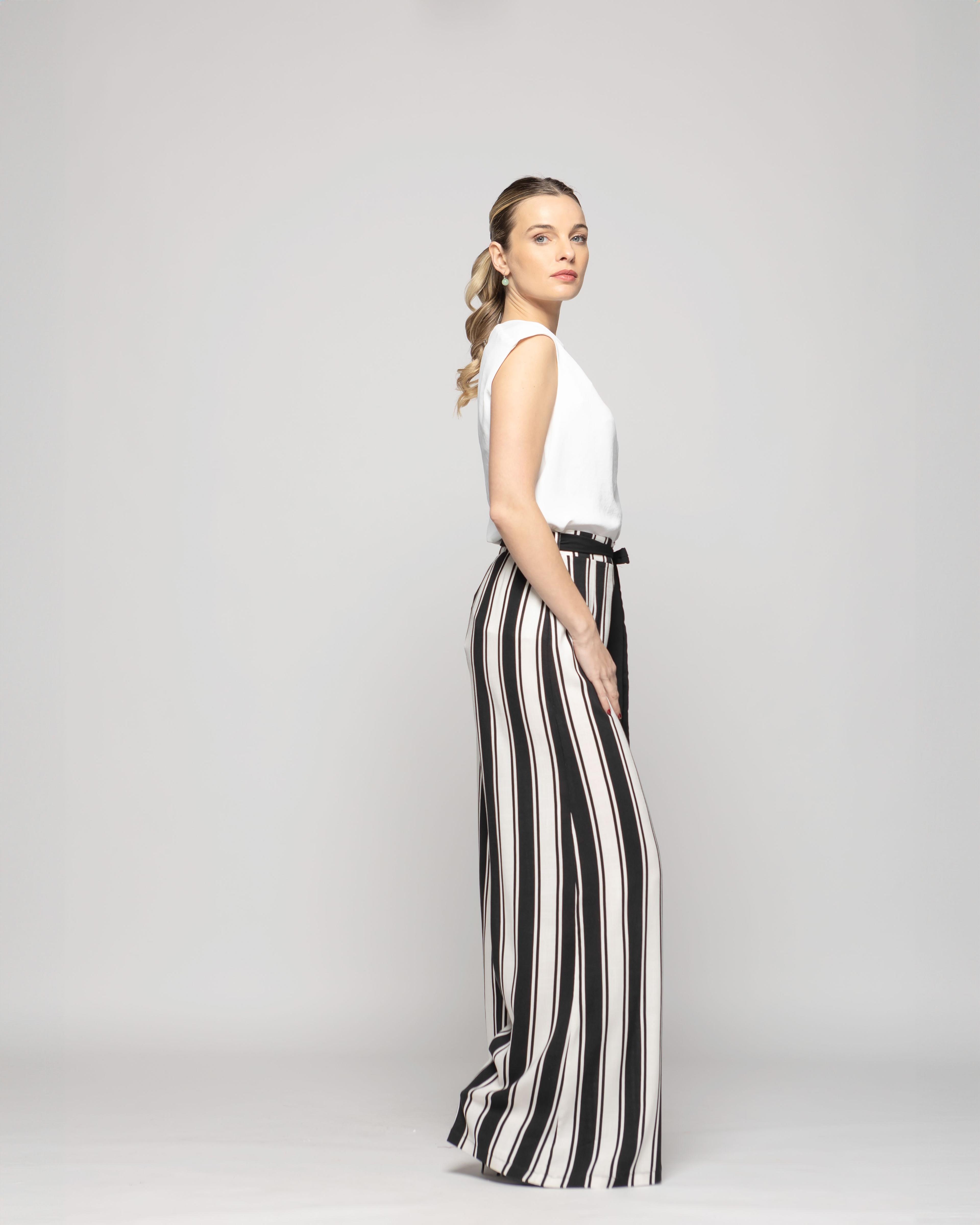 Pantalón Mujer Senecio Palazzo Viscosa Con Lazo Rayas Blanco Y Negro Ludovica-5