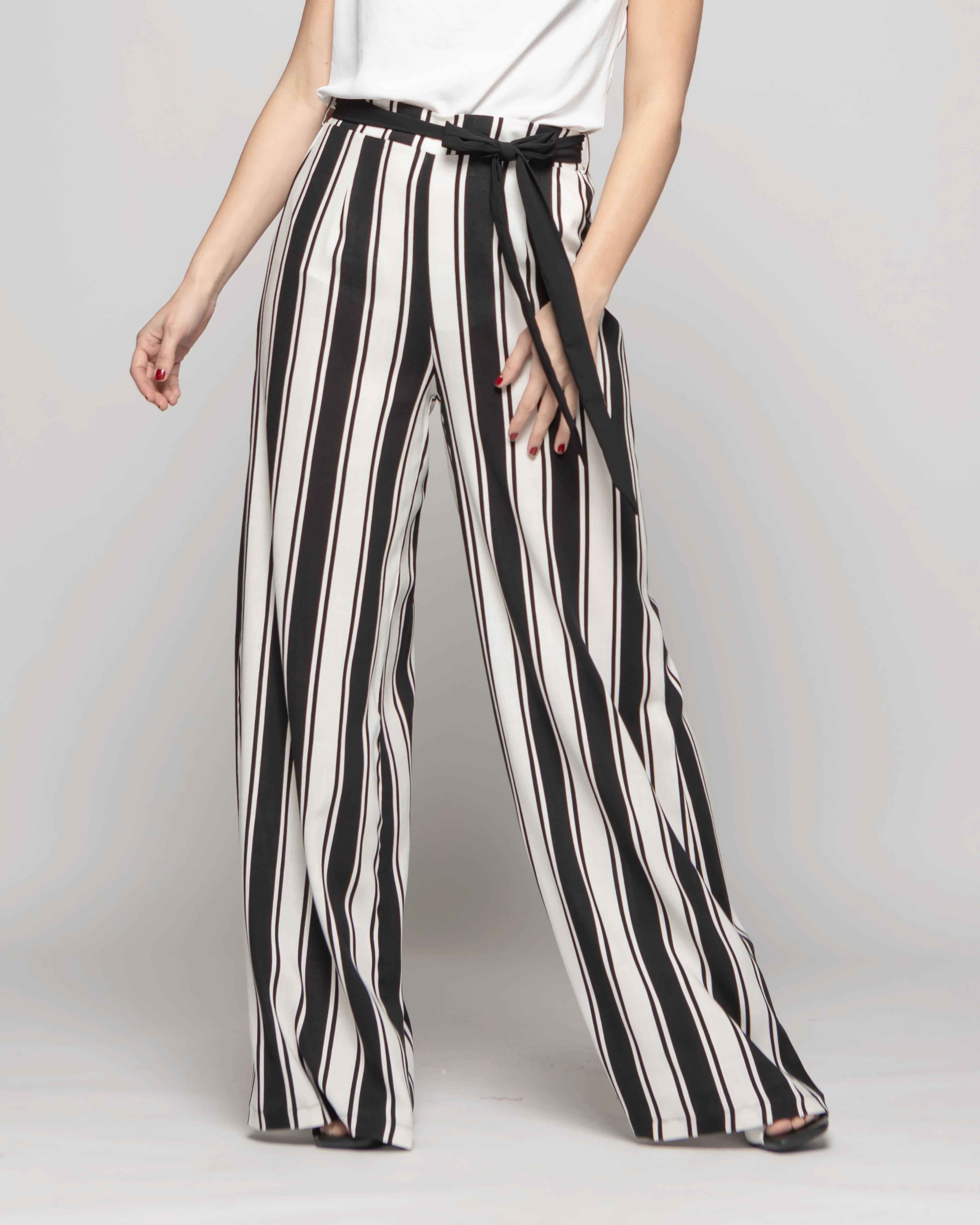 Pantalón Mujer Senecio Palazzo Viscosa Con Lazo Rayas Blanco Y Negro Ludovica-3