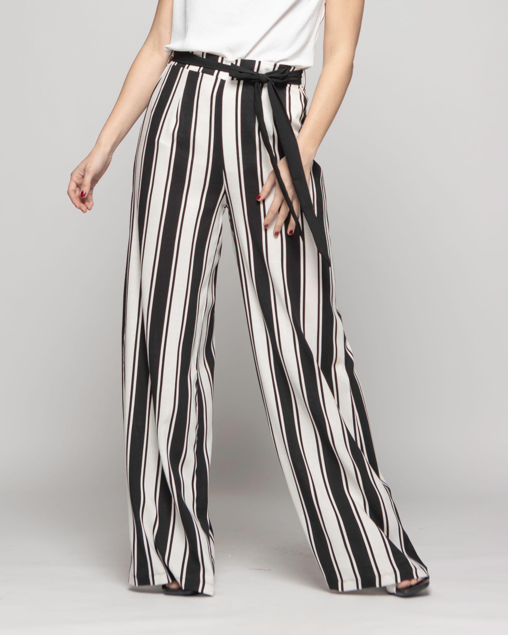 Pantalón Mujer Senecio Palazzo Viscosa Con Lazo Rayas Blanco Y Negro Ludovica-5