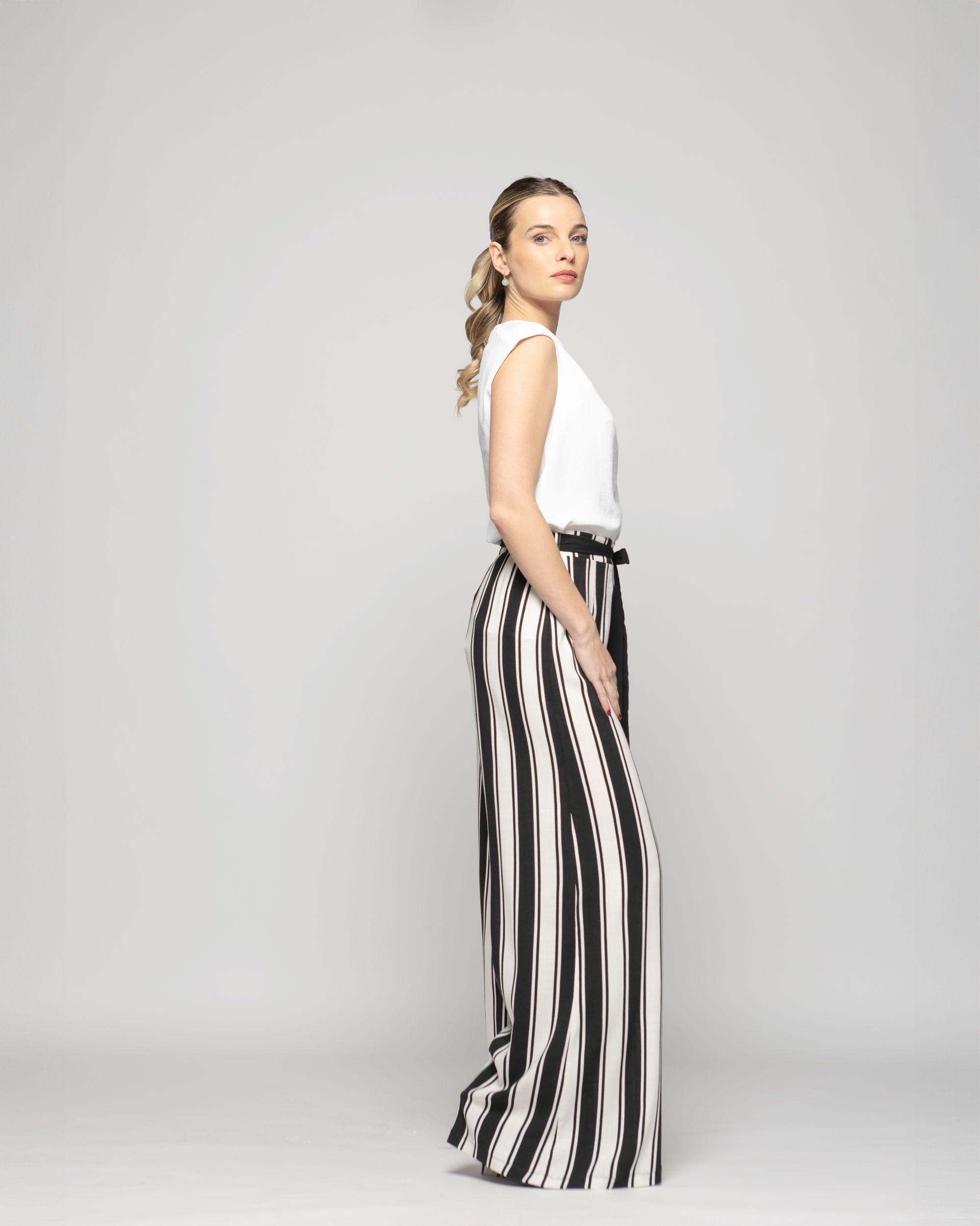 Pantalón Mujer Senecio Palazzo Viscosa Con Lazo Rayas Blanco Y Negro Ludovica-8