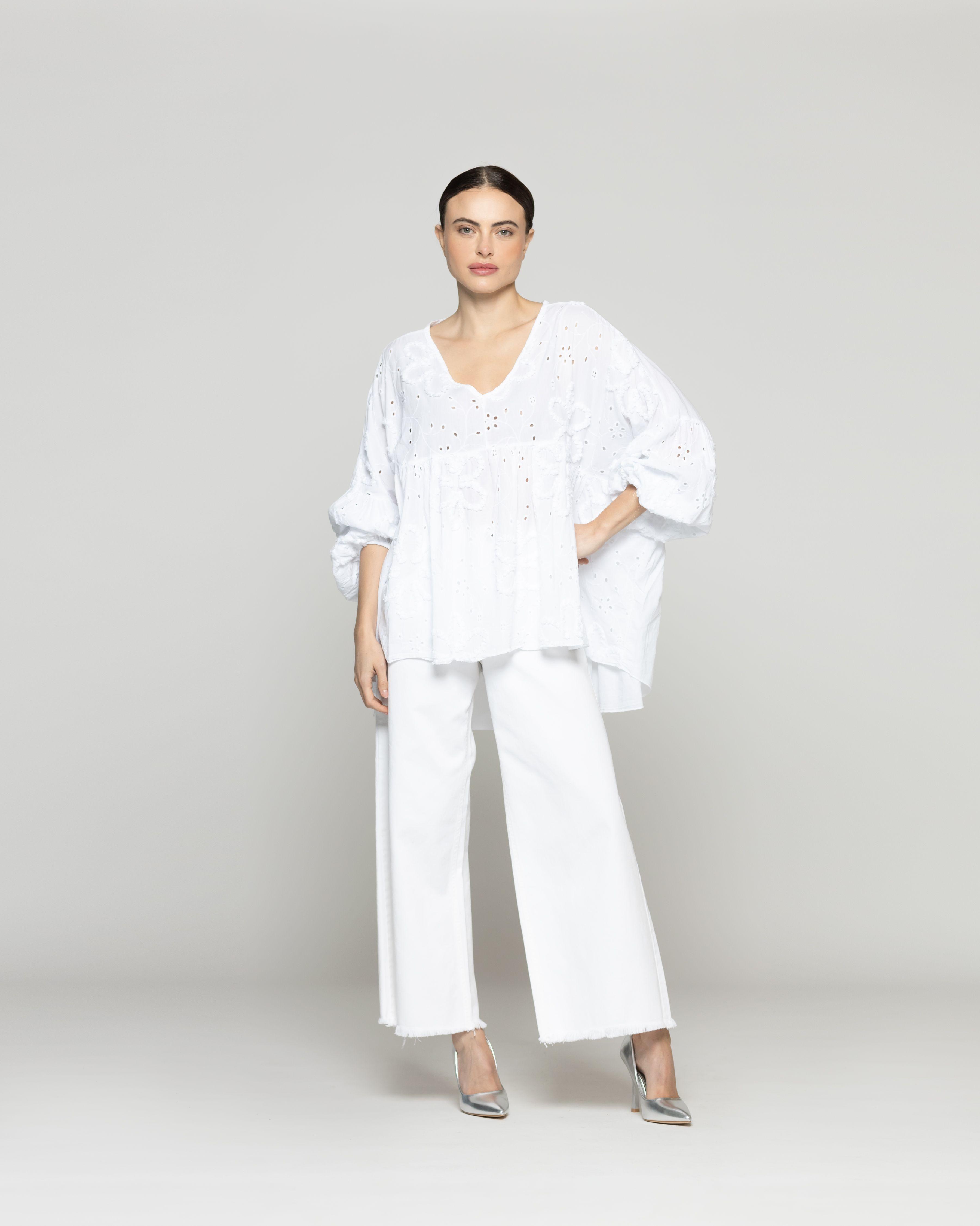 Blusa Mujer Berenice De Algodón Con Broderie Oversized Blanca Lineatre-4