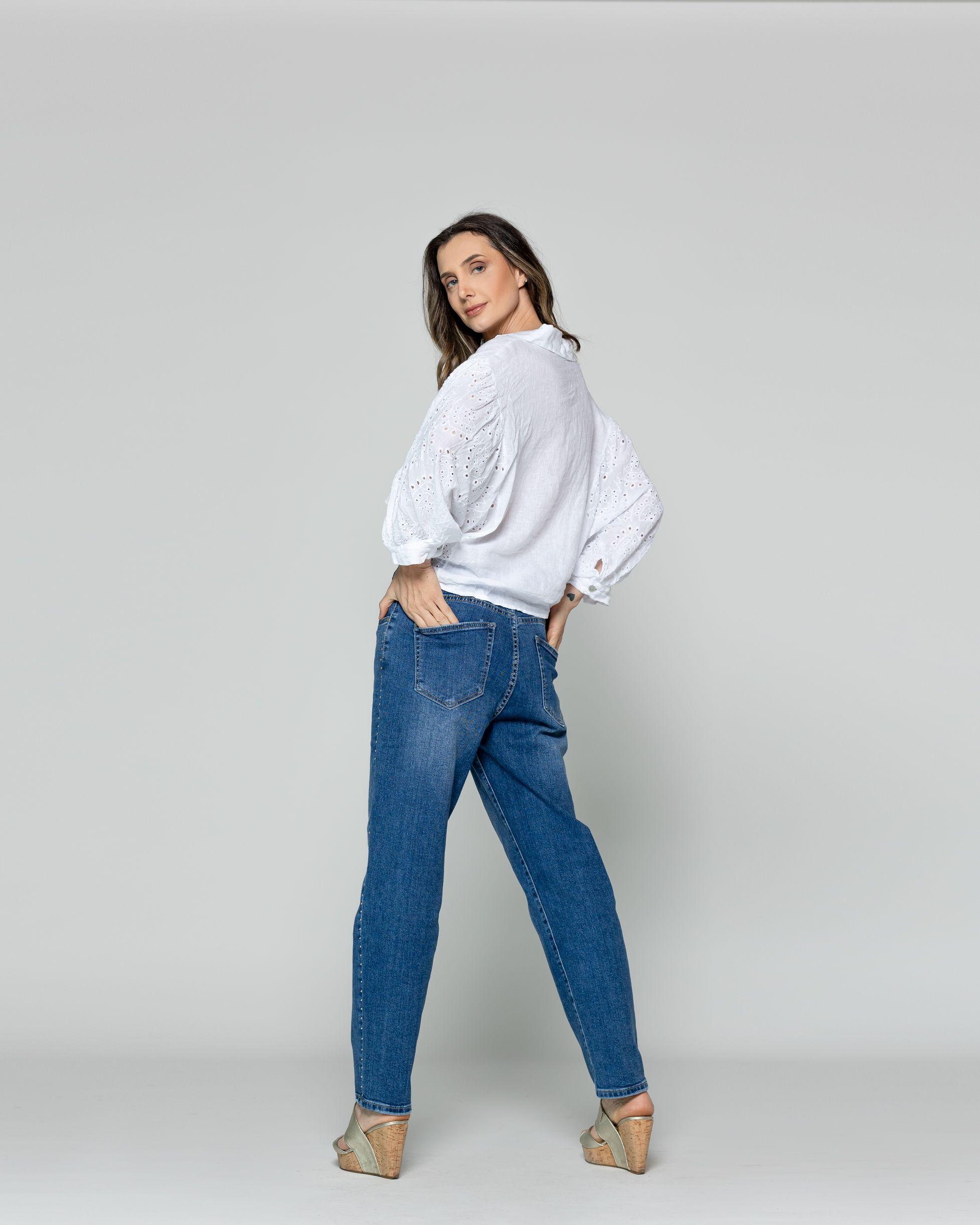 Blusa Mujer Benilda Lino Con Broderie Ajustable En La Cintura Blanca Lineatre-2