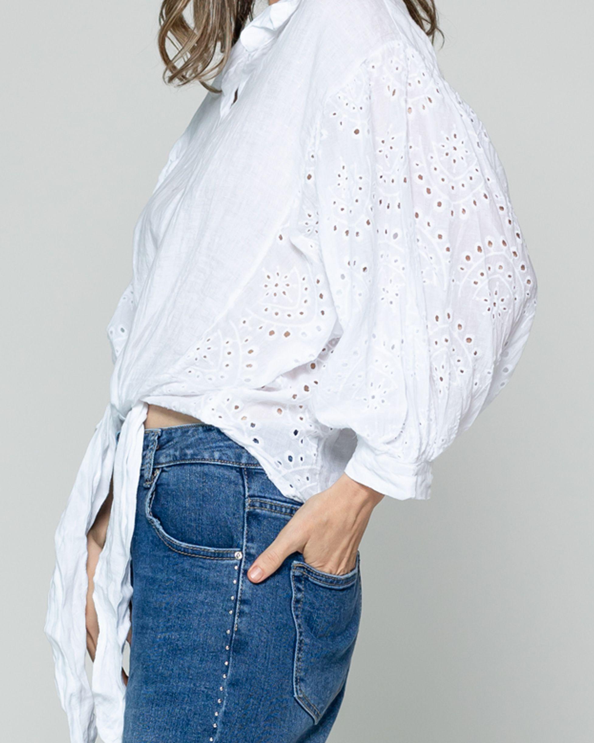 Blusa Mujer Benilda Lino Con Broderie Ajustable En La Cintura Blanca Lineatre-3
