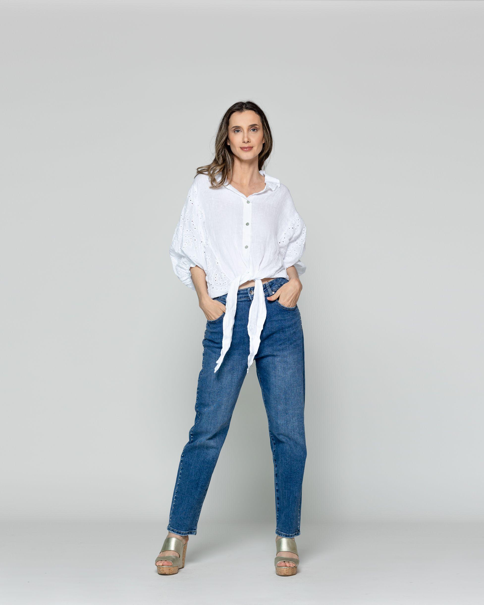 Blusa Mujer Benilda Lino Con Broderie Ajustable En La Cintura Blanca Lineatre-4