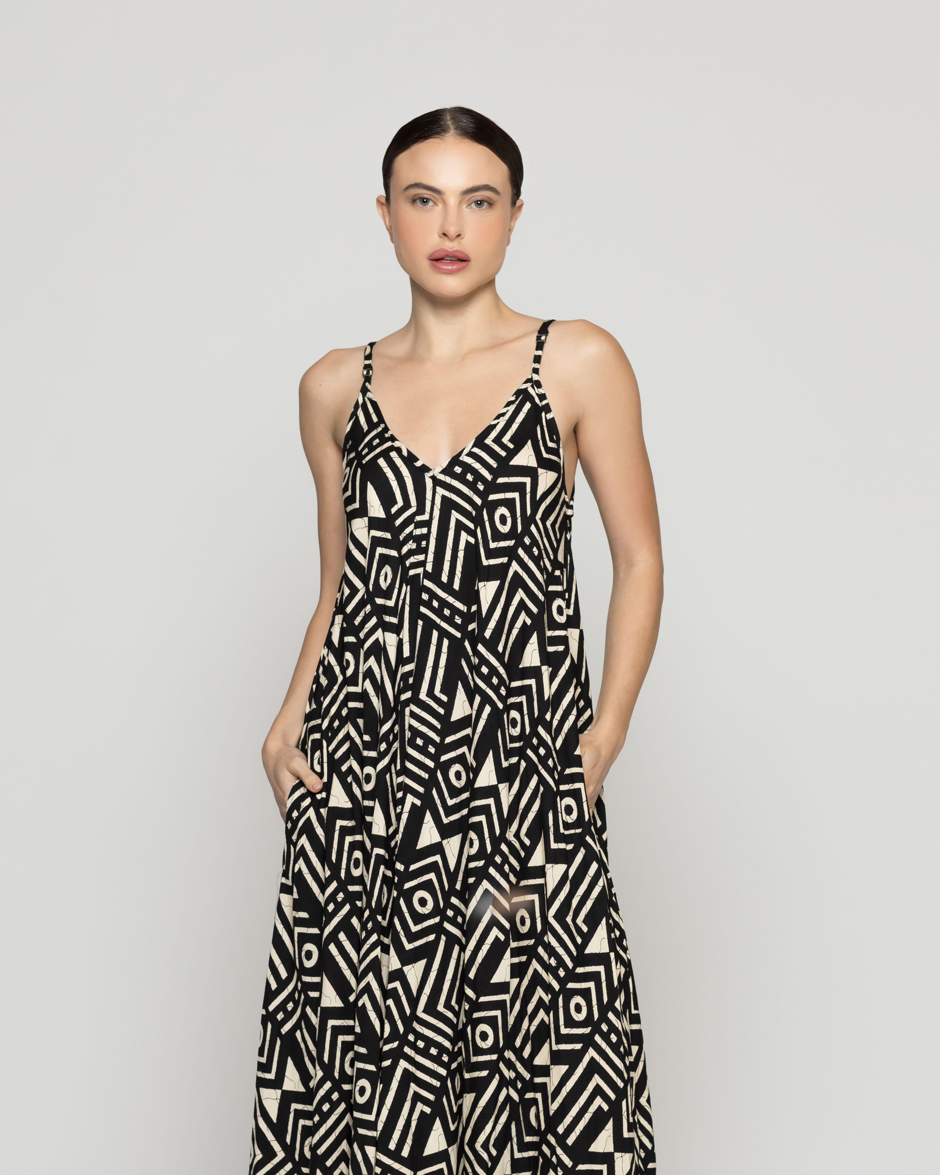 Vestido Mujer Viviette Estampado Tribal Negro Lineatre-0