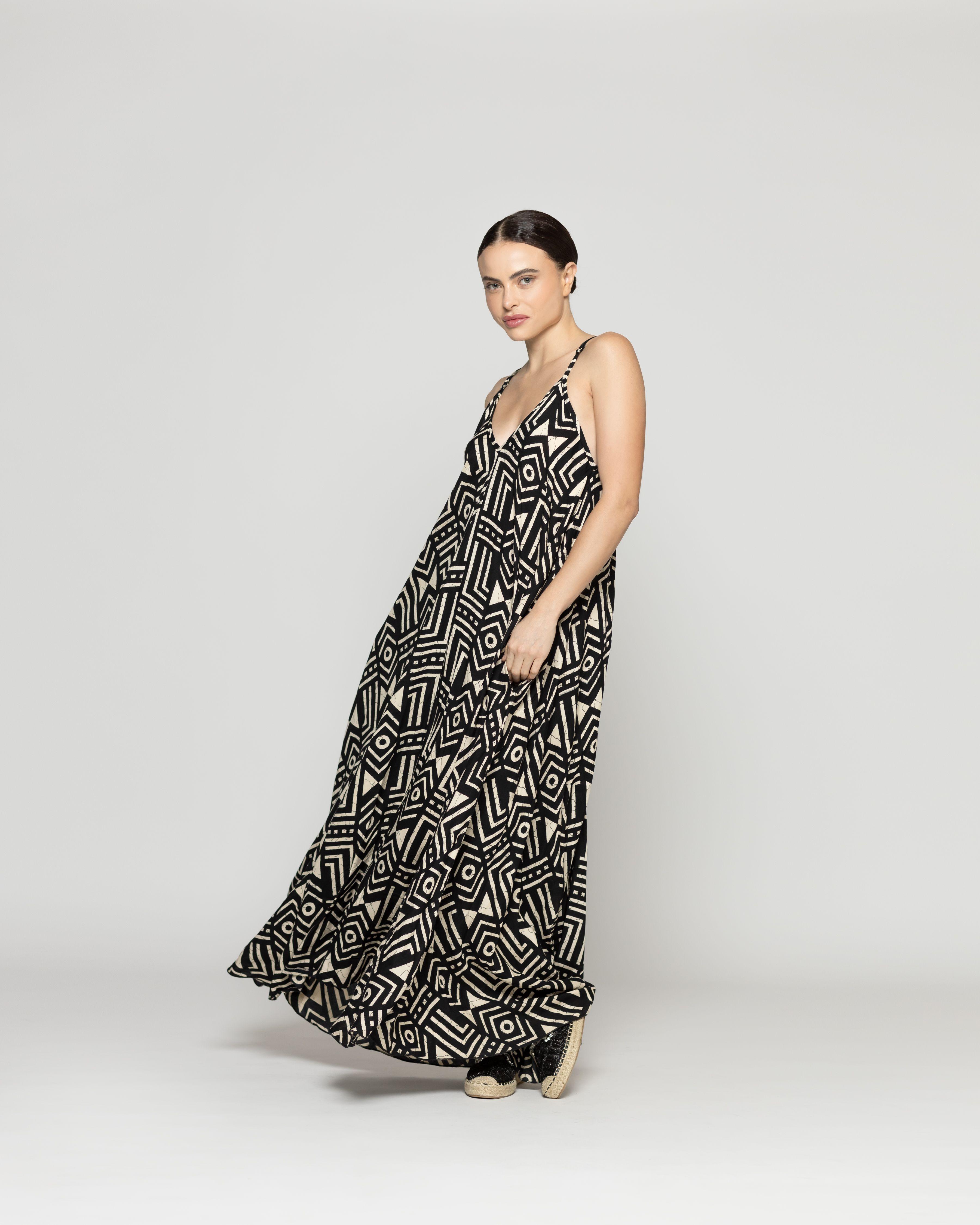 Vestido Mujer Viviette Estampado Tribal Negro Lineatre-1