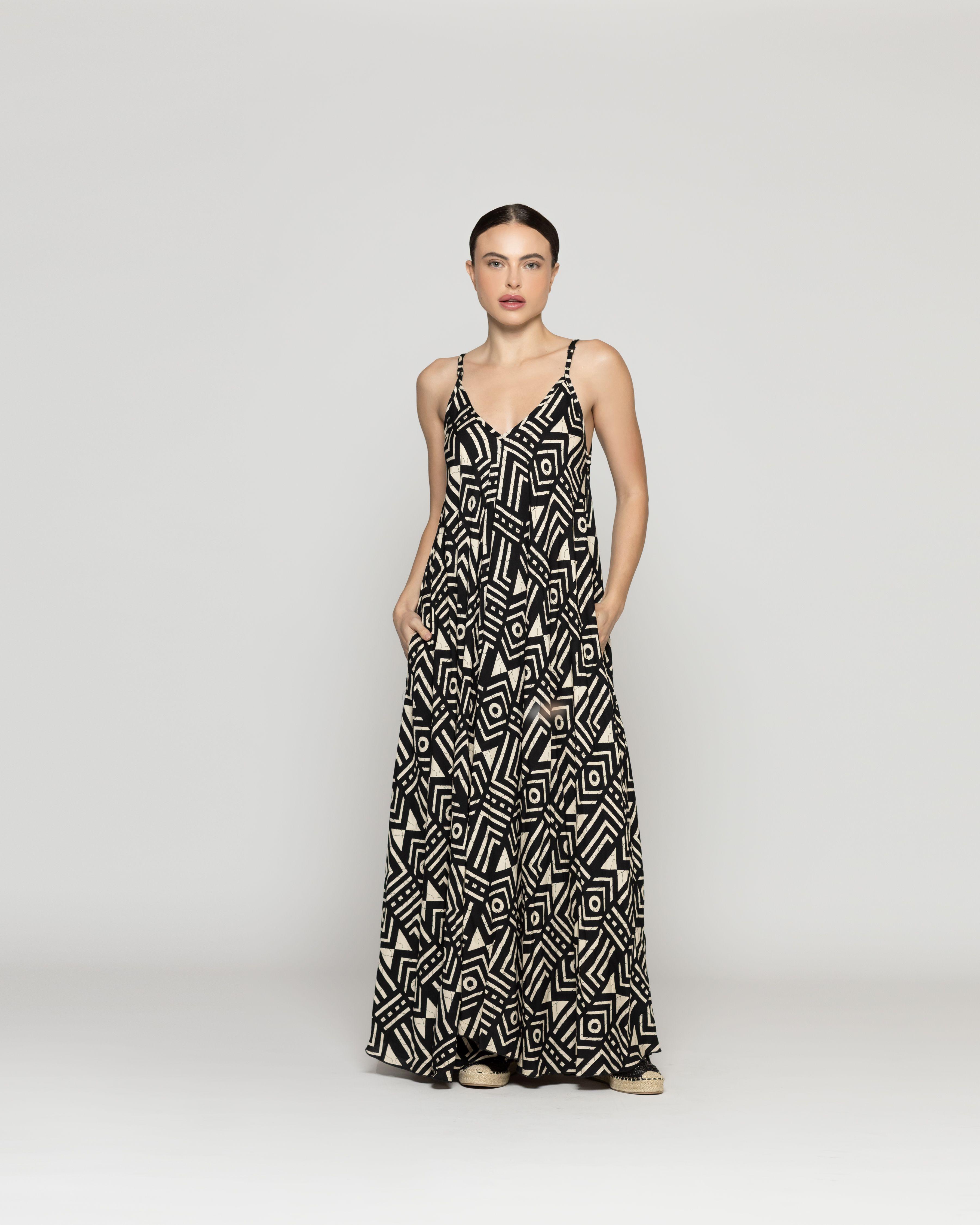 Vestido Mujer Viviette Estampado Tribal Negro Lineatre-4