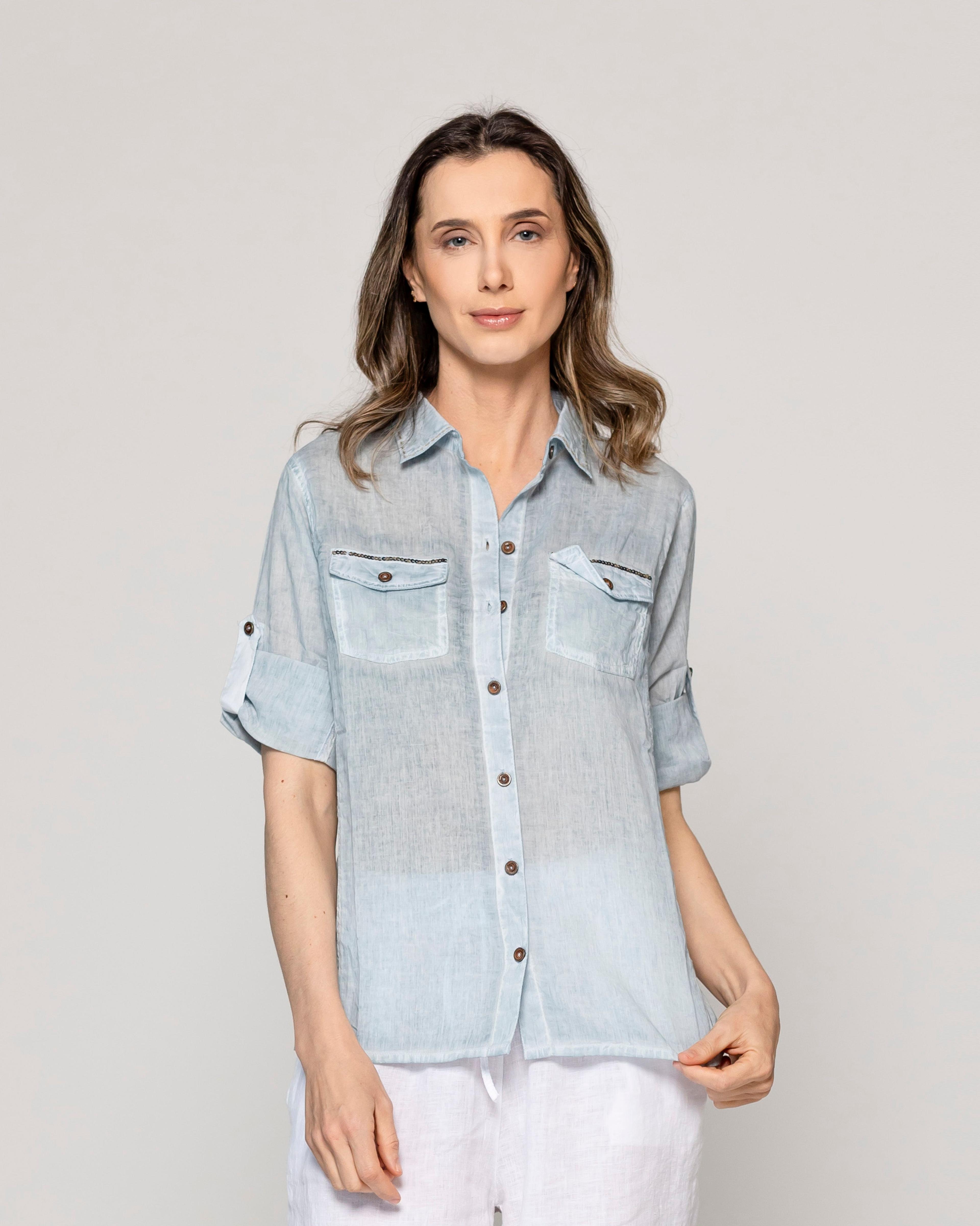 Blusa Mujer Brina Manga 3/4 Bolsillo Frontal Celeste Lineatre-0