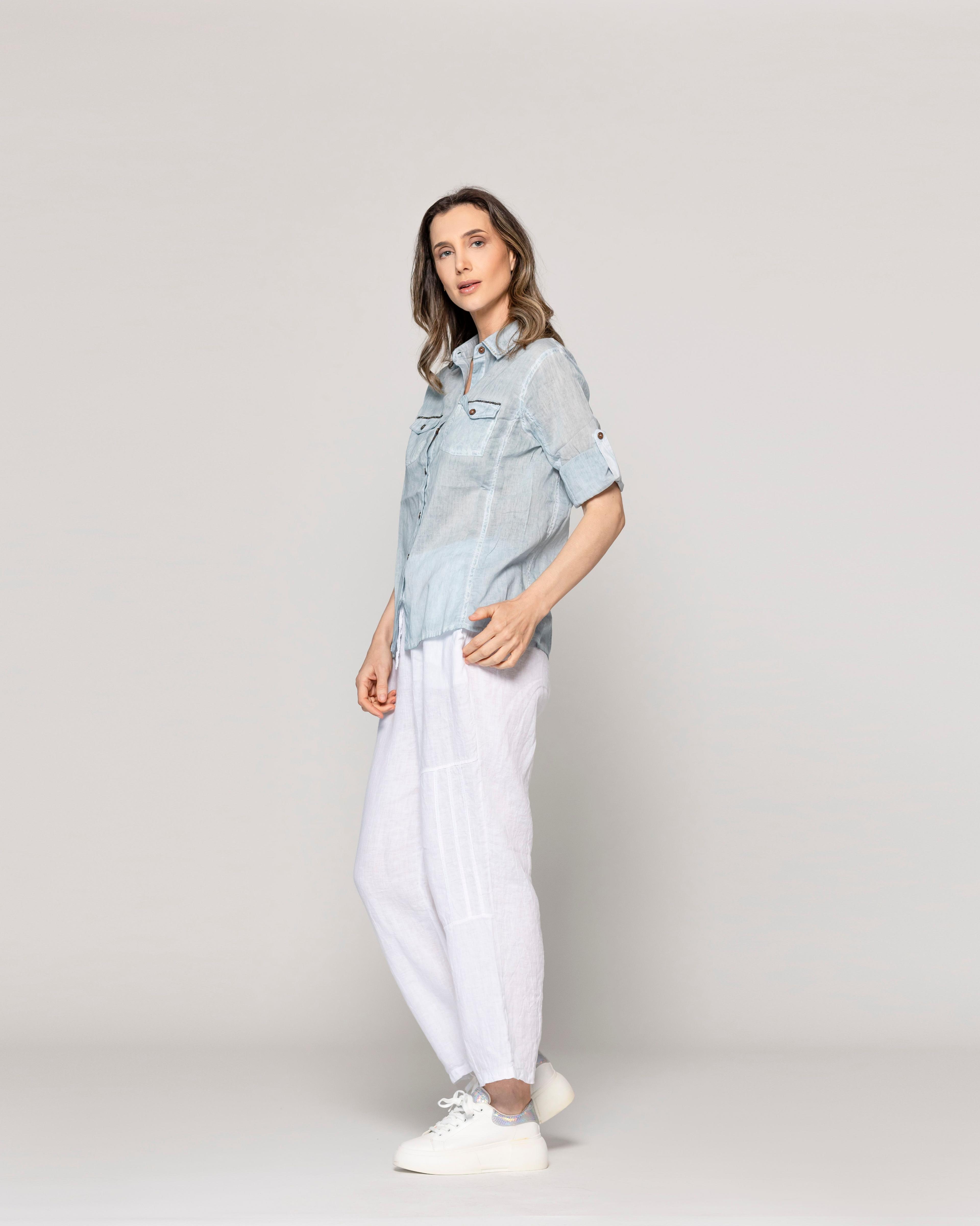 Blusa Mujer Brina Manga 3/4 Bolsillo Frontal Celeste Lineatre-1