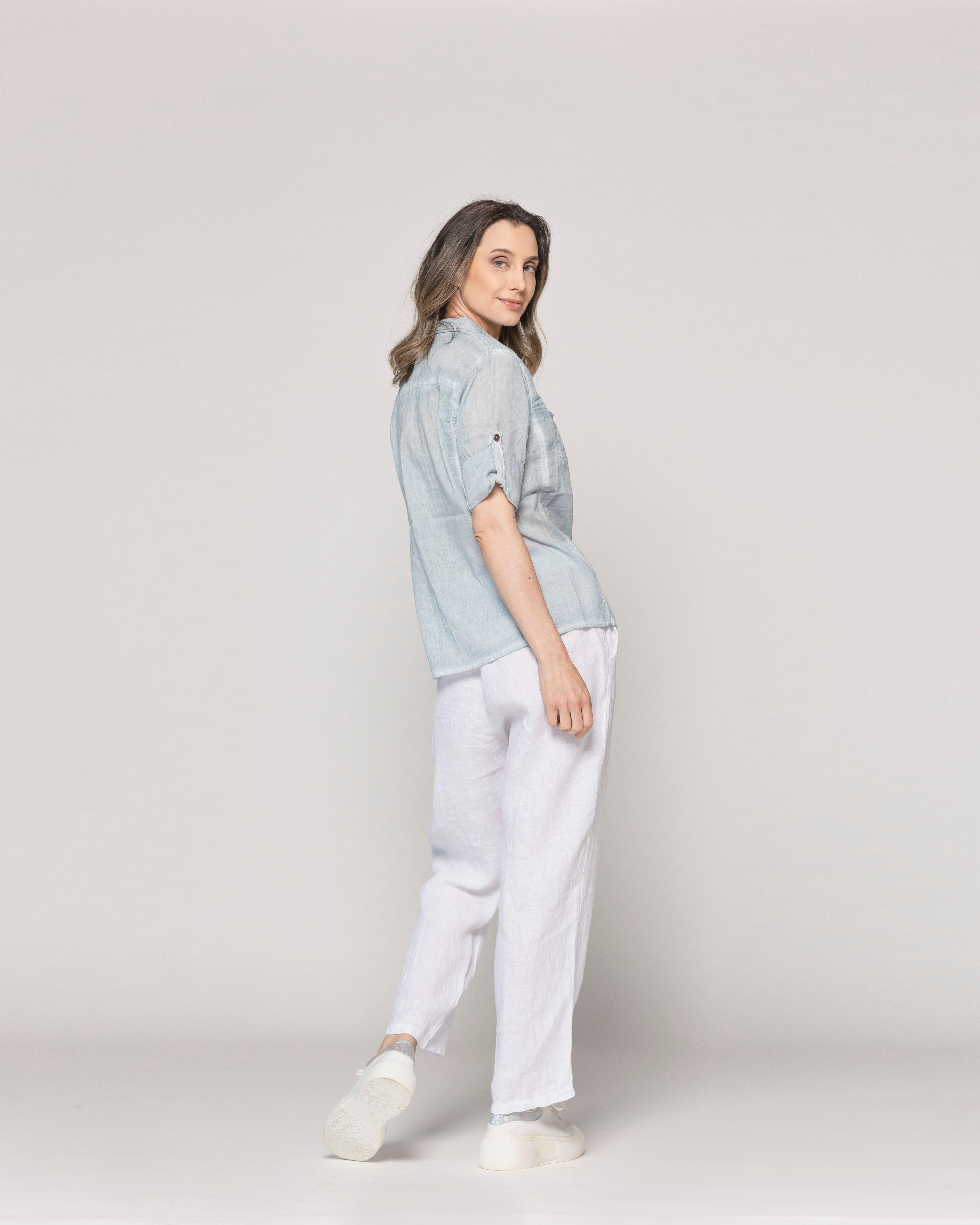 Blusa Mujer Brina Manga 3/4 Bolsillo Frontal Celeste Lineatre-2