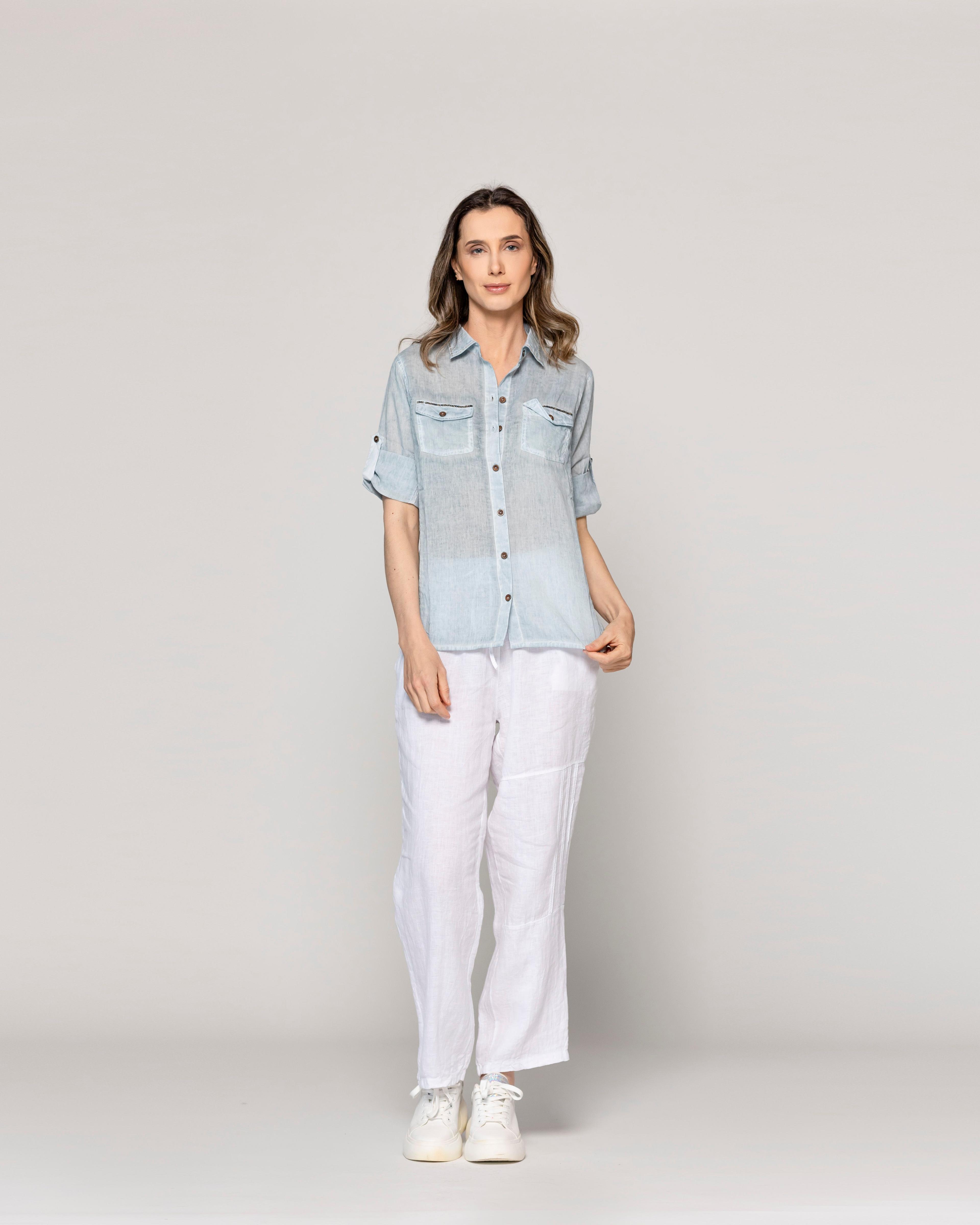 Blusa Mujer Brina Manga 3/4 Bolsillo Frontal Celeste Lineatre-4
