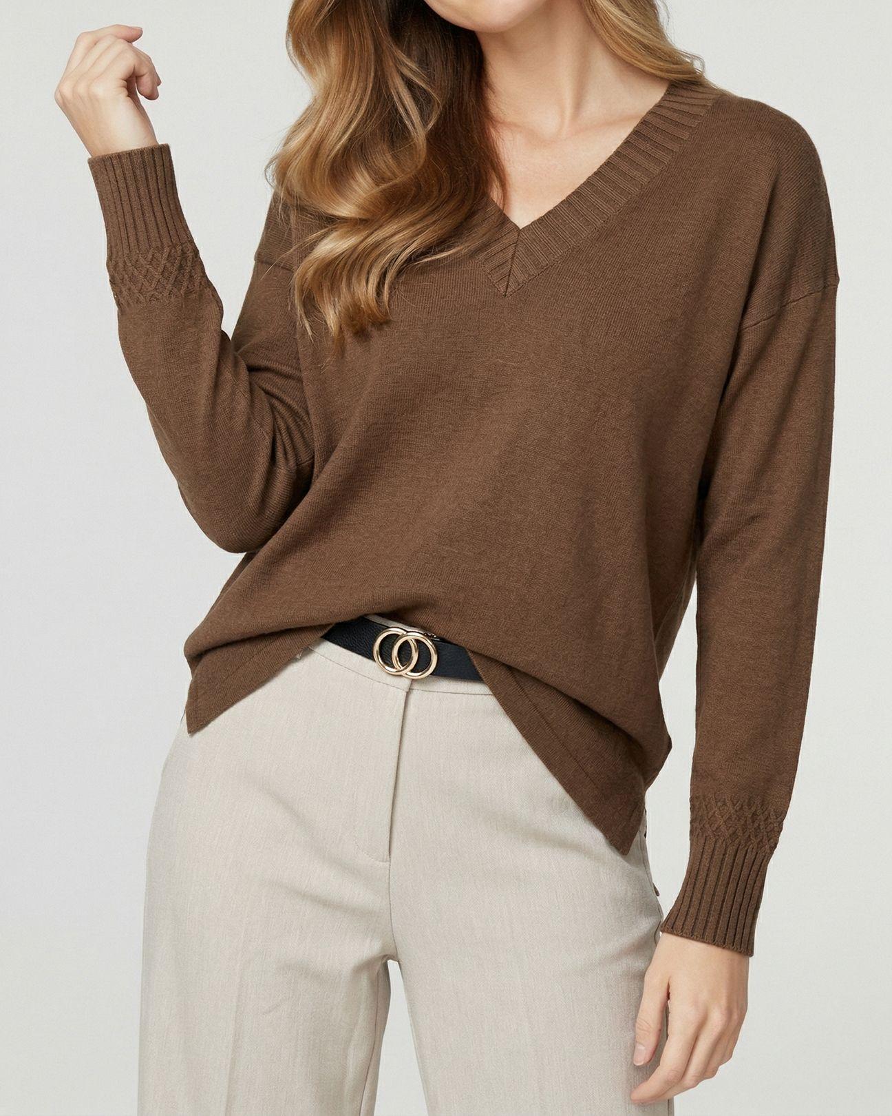 Sweater Mujer Giovanna Relaxed Cuello En V Manga Caída Chocolate Lineatre-2