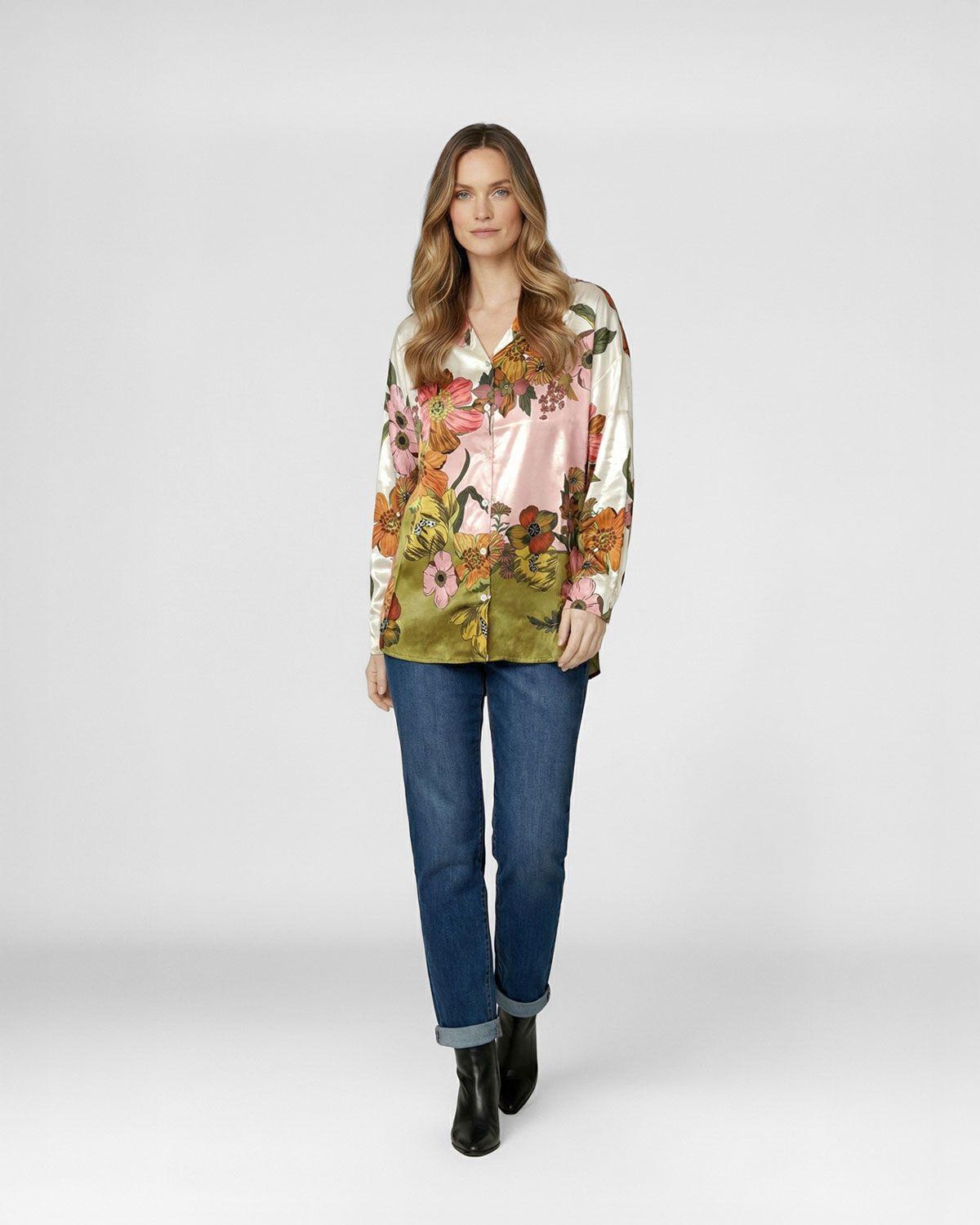 Blusa Mujer Elisiana Relaxed Cuello tipo camisa Manga 3/4 Militar Lineatre-0