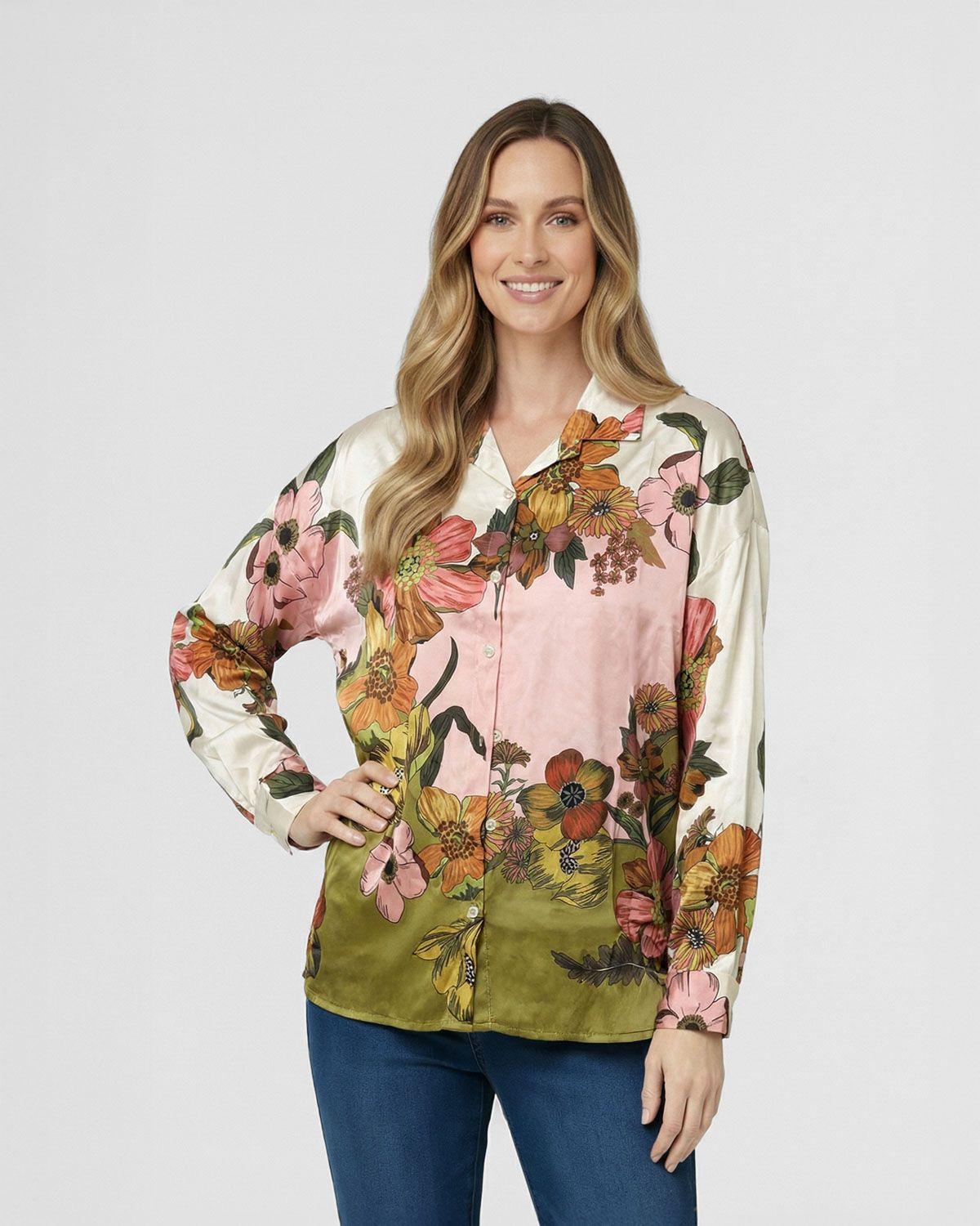 Blusa Mujer Elisiana Relaxed Cuello tipo camisa Manga 3/4 Militar Lineatre-1