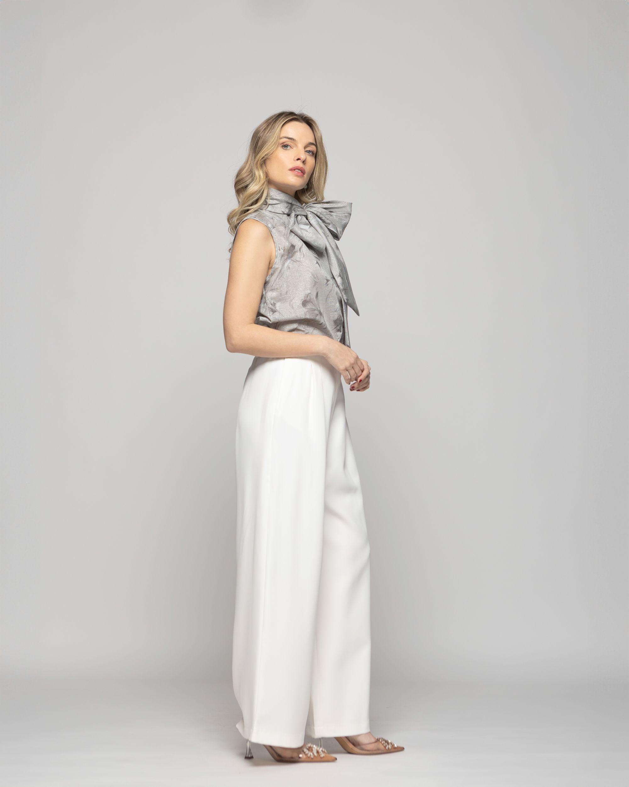 Blusa Mujer Gazania Sin Mangas Lazo Pañuelo Estampado Gris Perla Ludovica-5