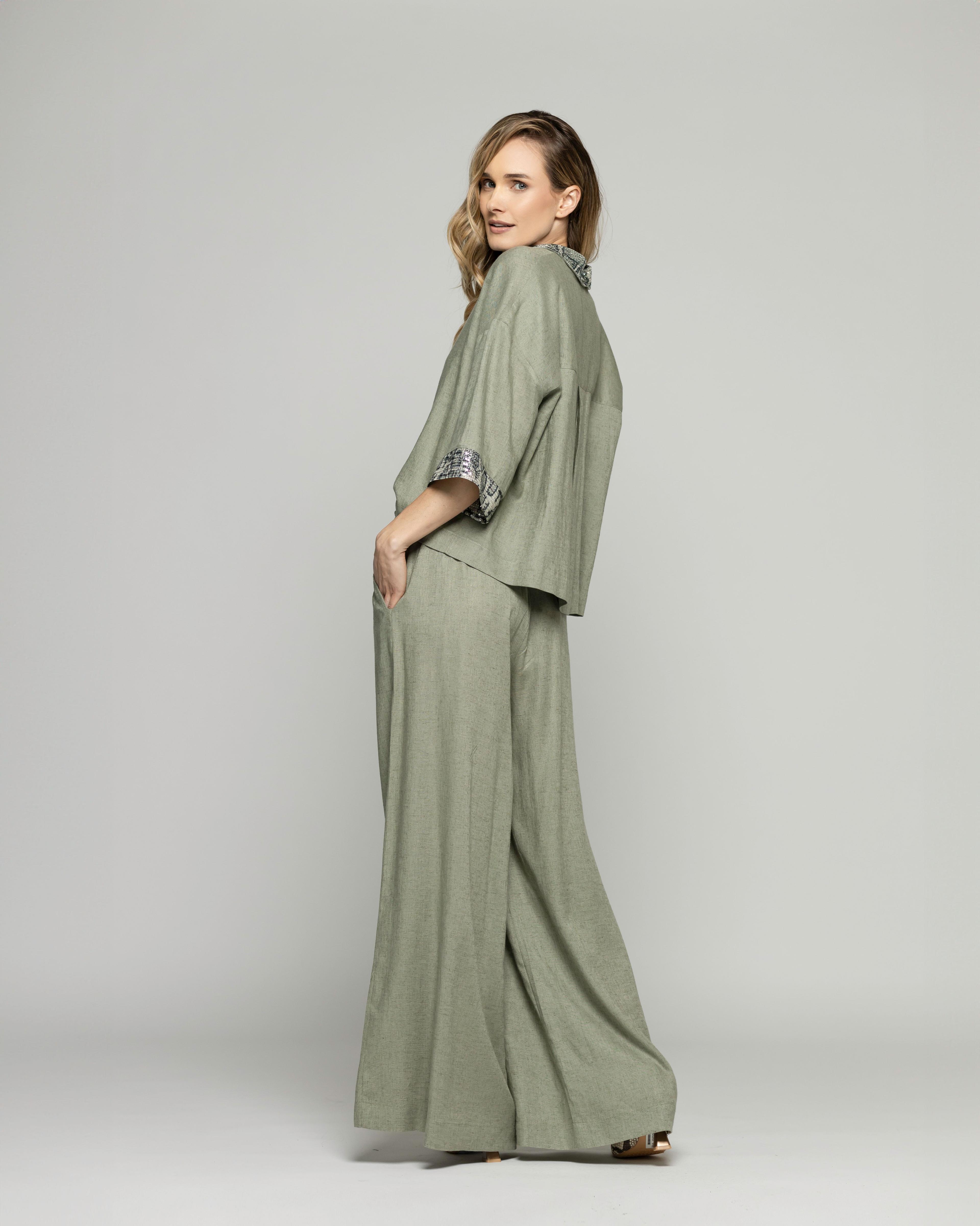 Pantalón Mujer Fresia Viscosa Lino Palazzo Verde Militar Ludovica-4