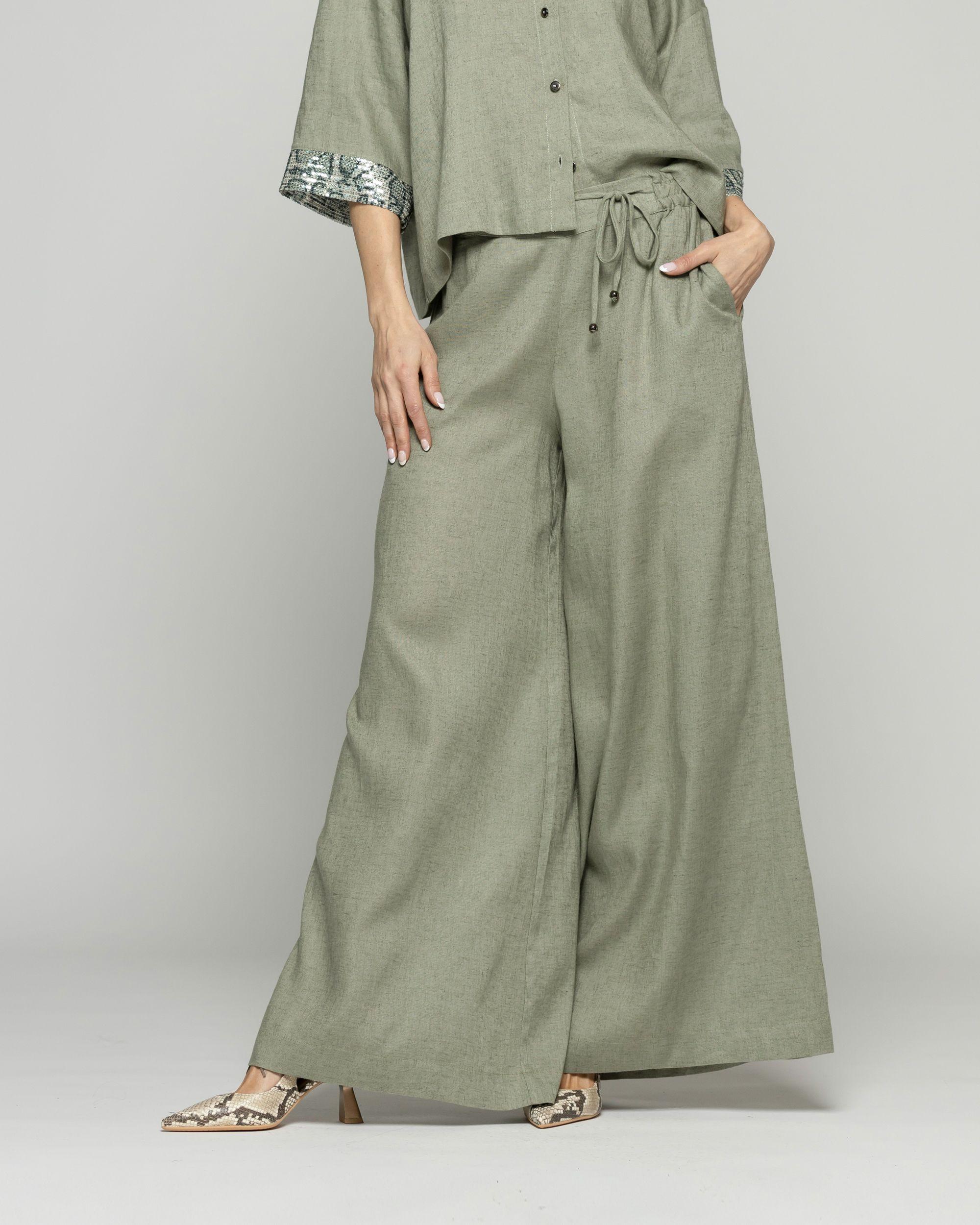 Pantalón Mujer Fresia Viscosa Lino Palazzo Verde Militar Ludovica-2