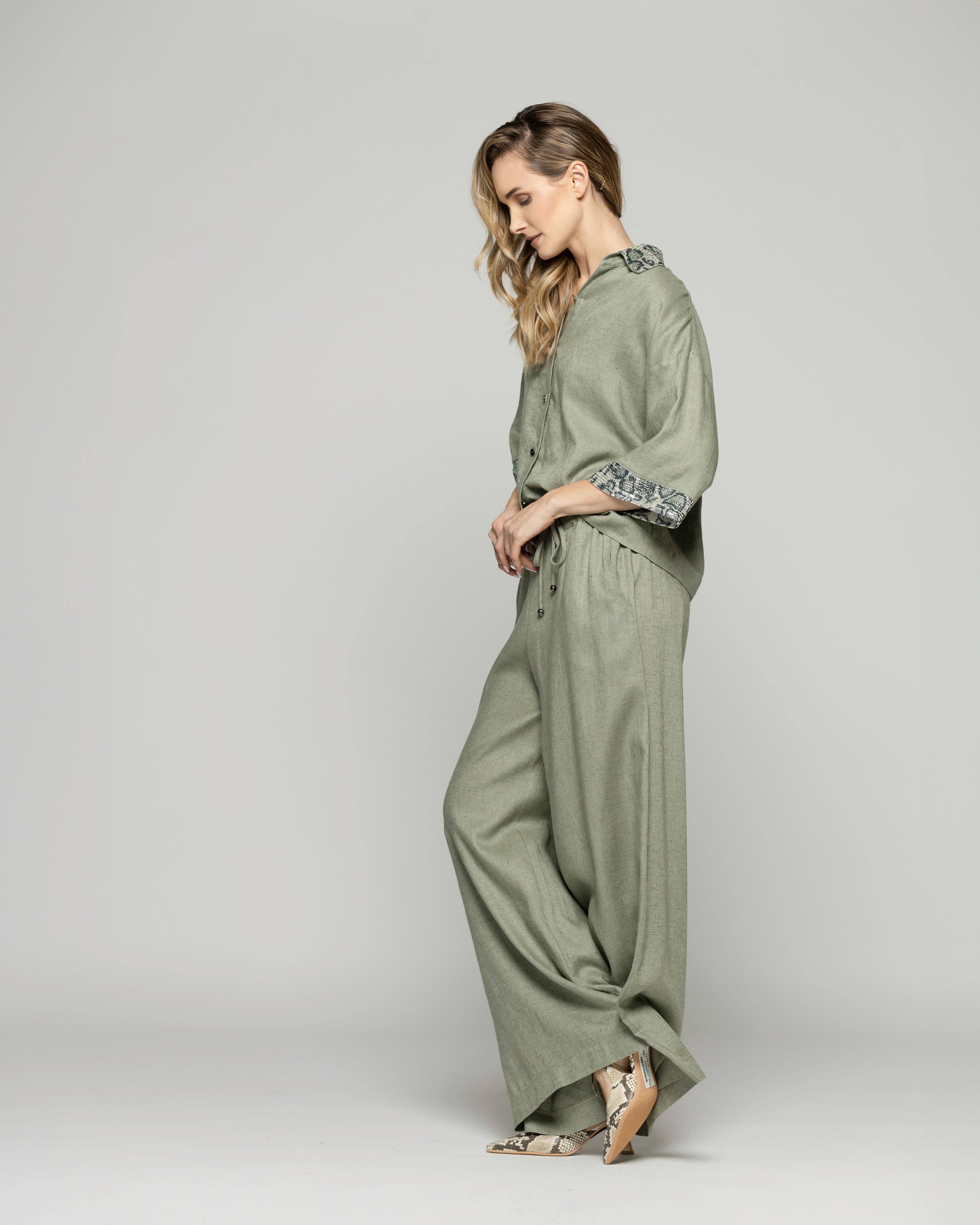 Pantalón Mujer Fresia Viscosa Lino Palazzo Verde Militar Ludovica-3
