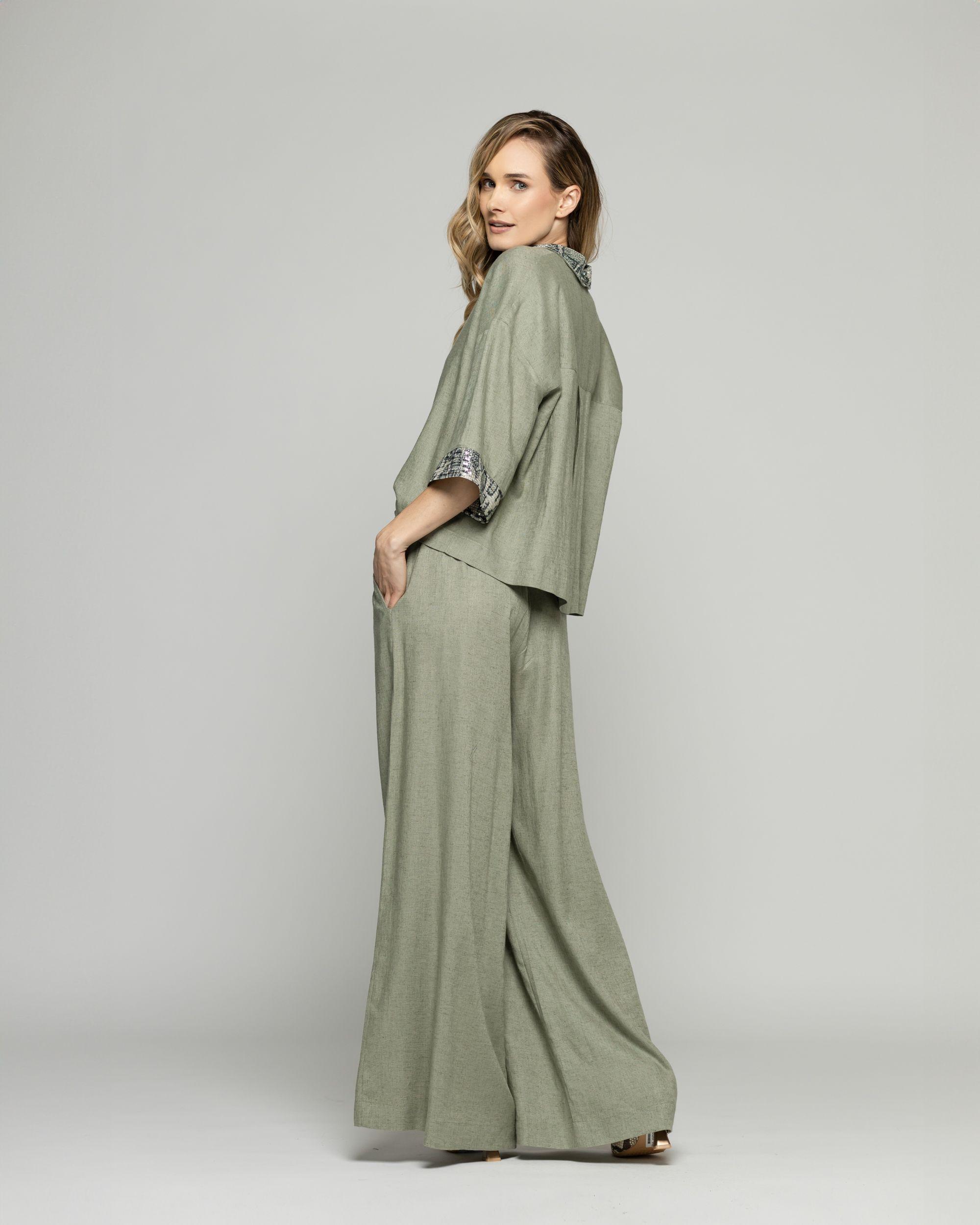 Pantalón Mujer Fresia Viscosa Lino Palazzo Verde Militar Ludovica-6