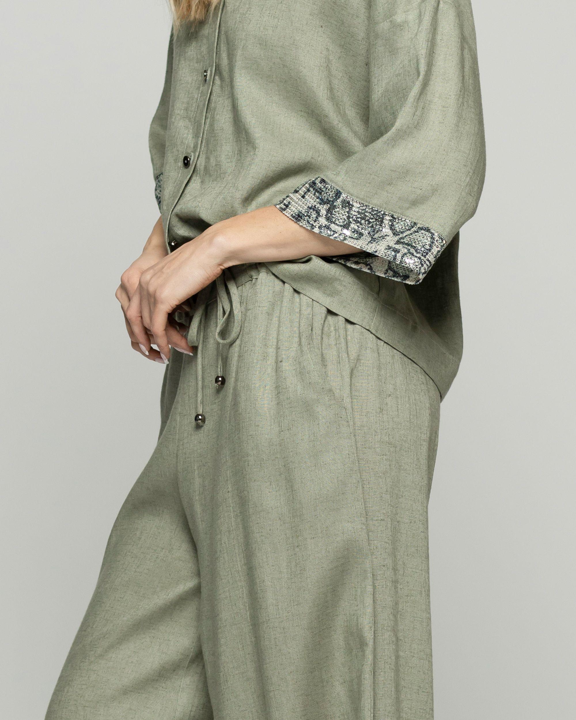 Pantalón Mujer Fresia Viscosa Lino Palazzo Verde Militar Ludovica-7