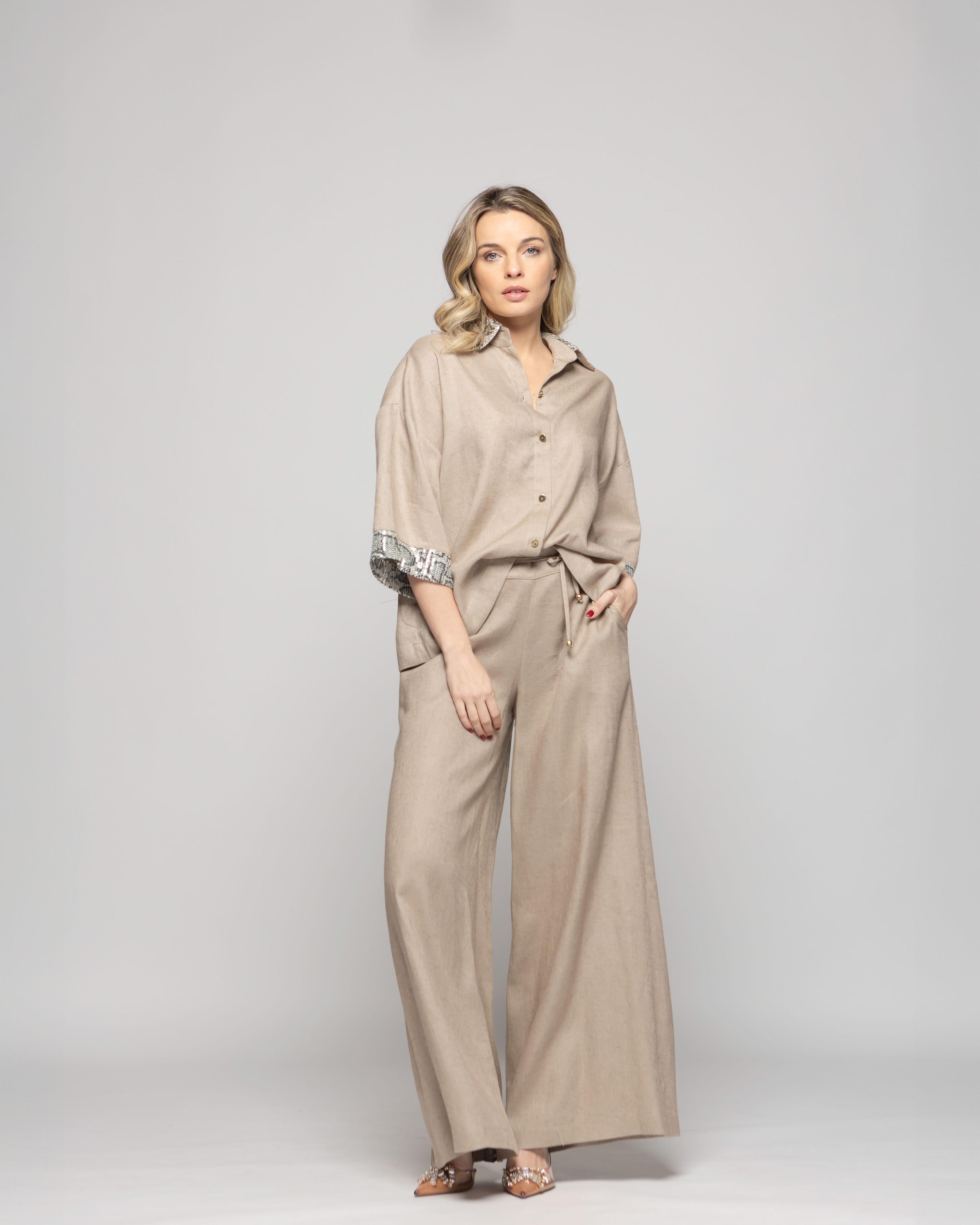 Pantalón Mujer Fresia Viscosa Lino Palazzo Beige Ludovica-0
