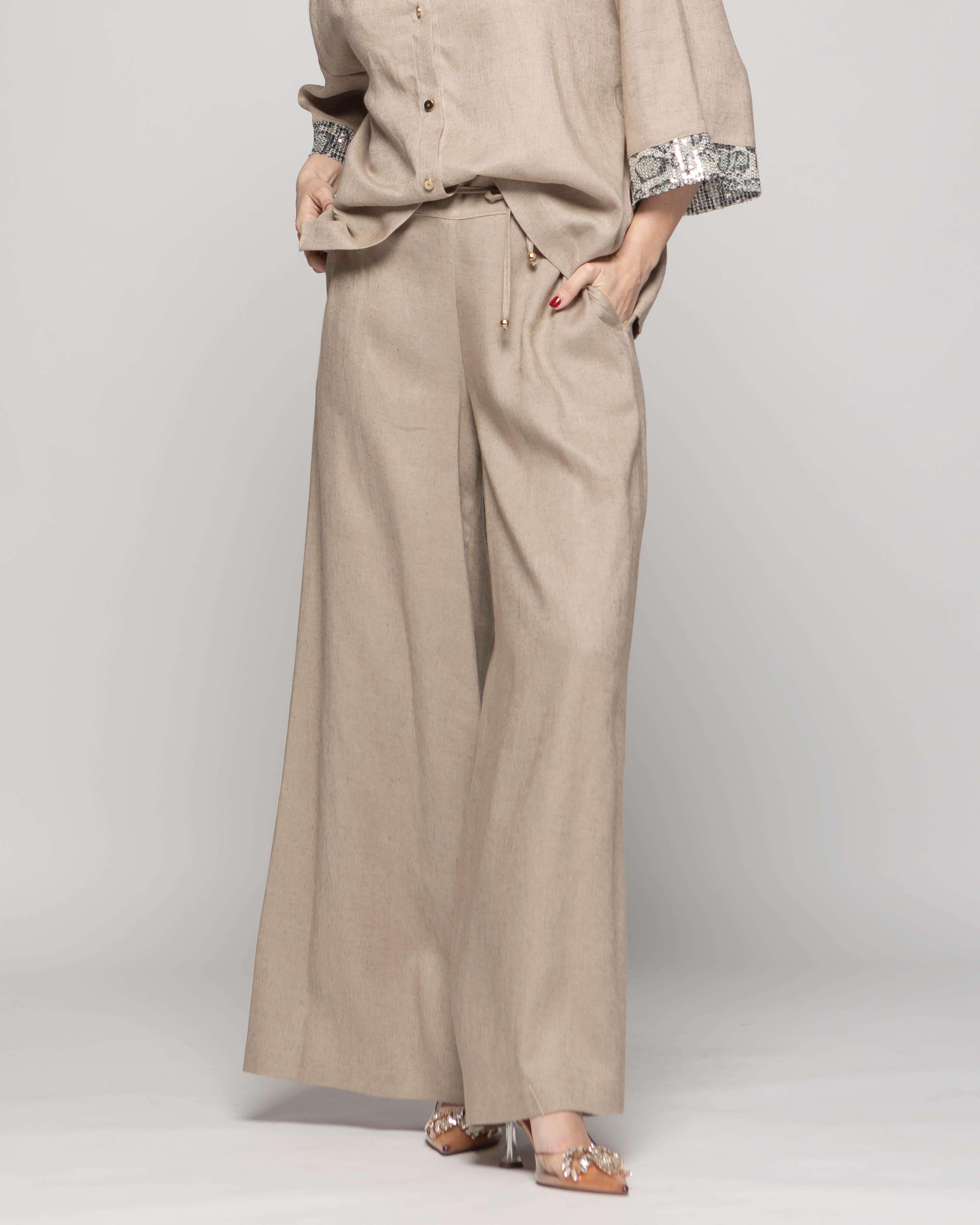 Pantalón Mujer Fresia Viscosa Lino Palazzo Beige Ludovica-1
