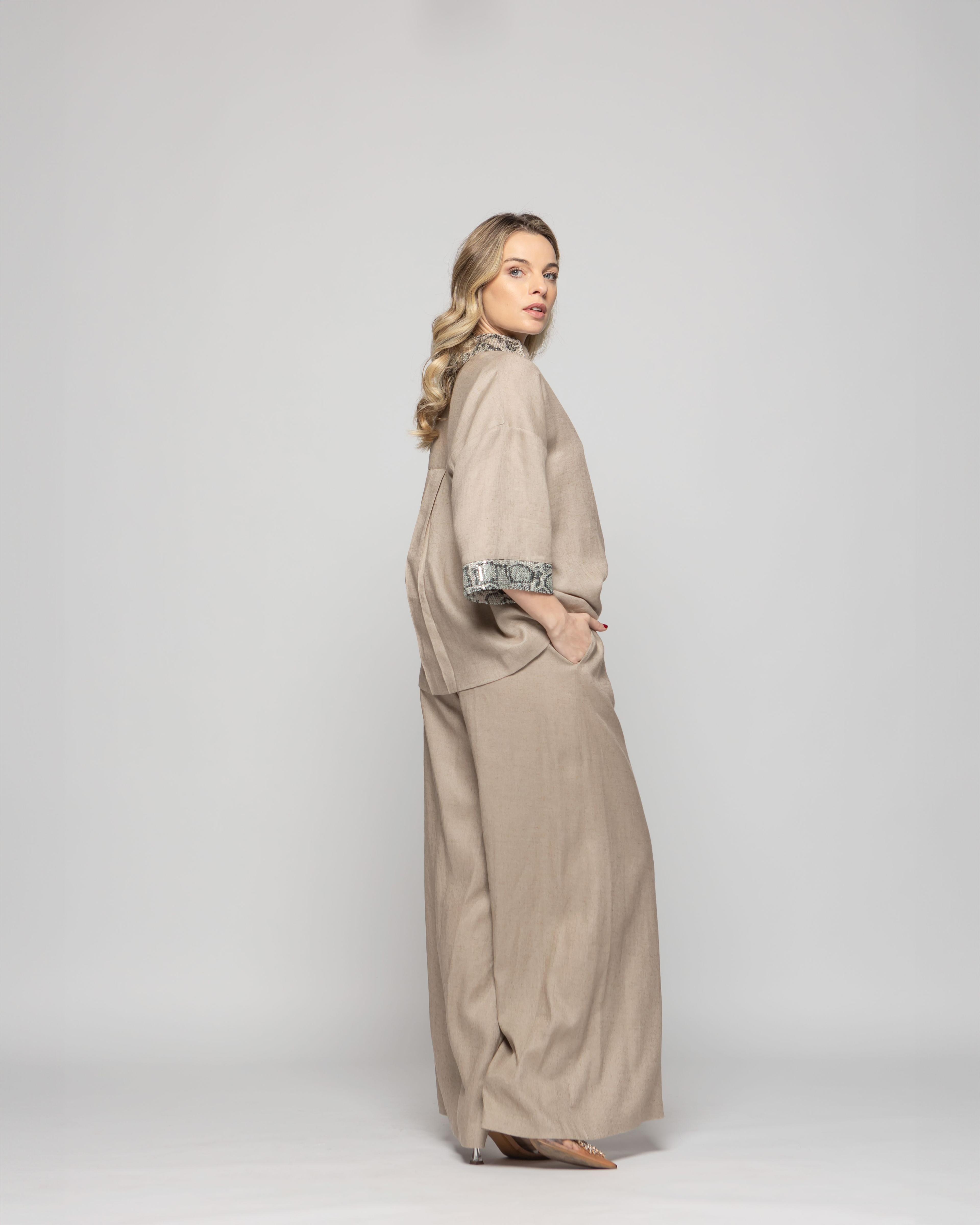 Pantalón Mujer Fresia Viscosa Lino Palazzo Beige Ludovica-2